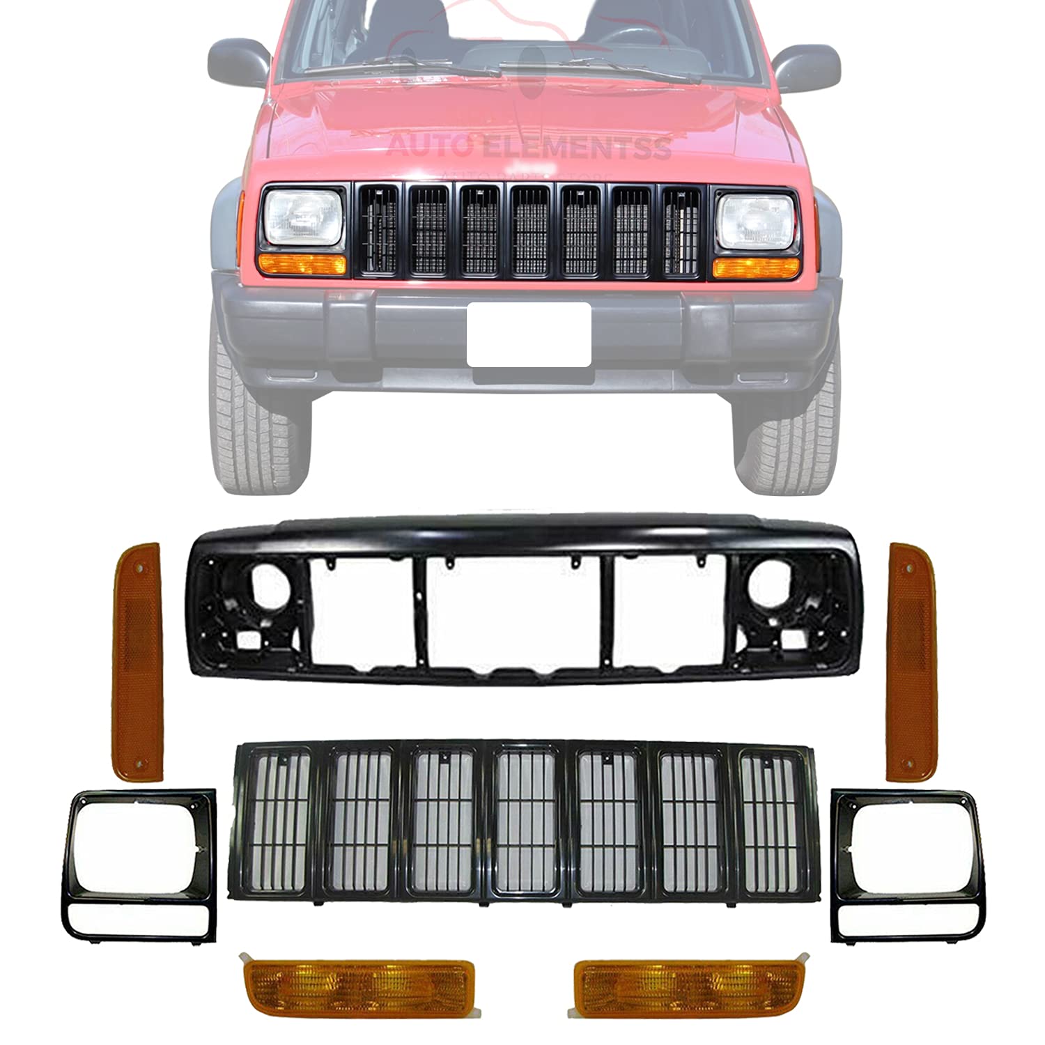 1997-2001 Jeep Cherokee Grille Assembly Black with Header Panel, Headlight Bezel Trims & Signal Corner Lights - Direct Replacement Parts for Off-Road & Daily Driving