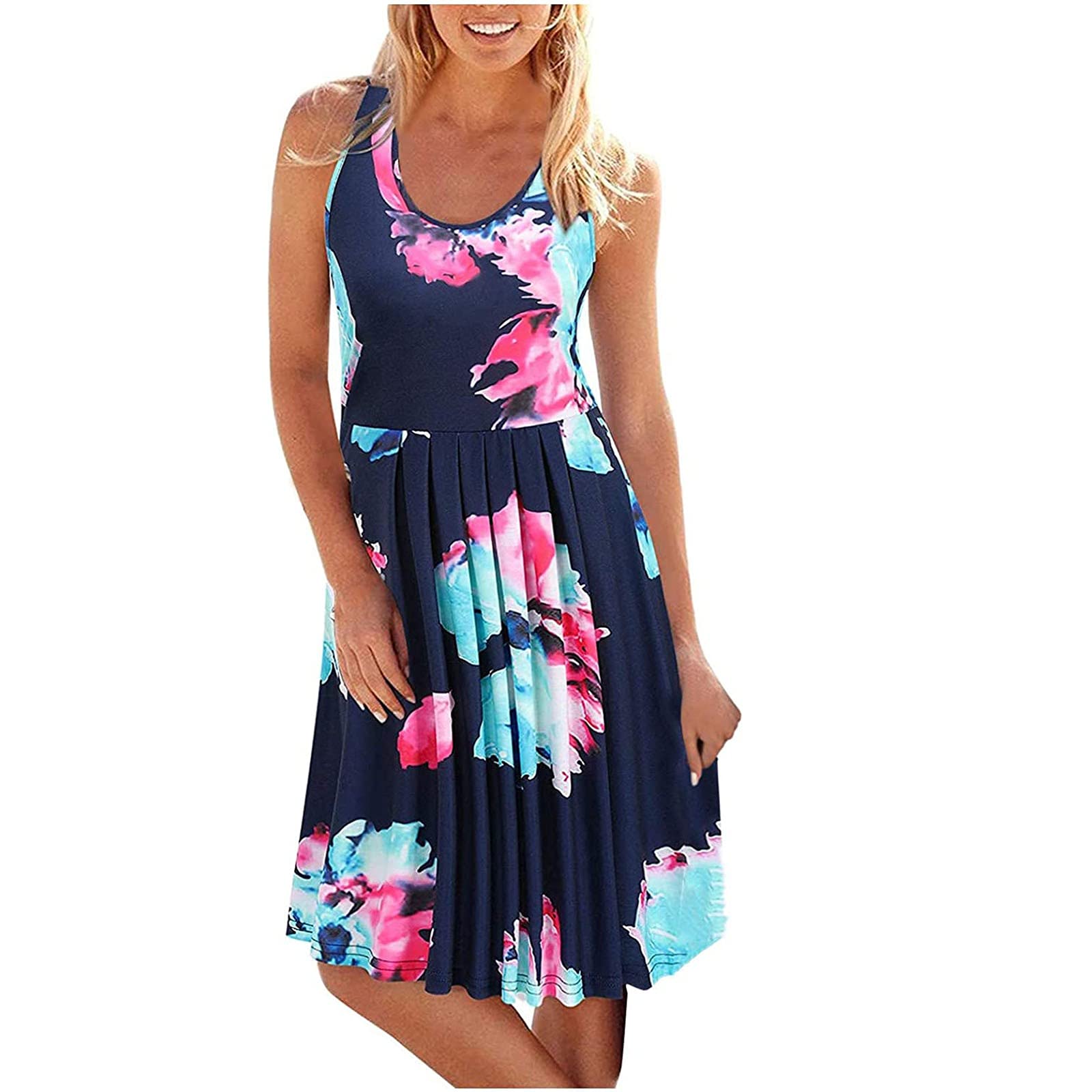 Floral Midi Dress for Women - Round Neck Pleated Summer Shirt Dress | Beachwear, Evening Outfit & Home Lounge Wear