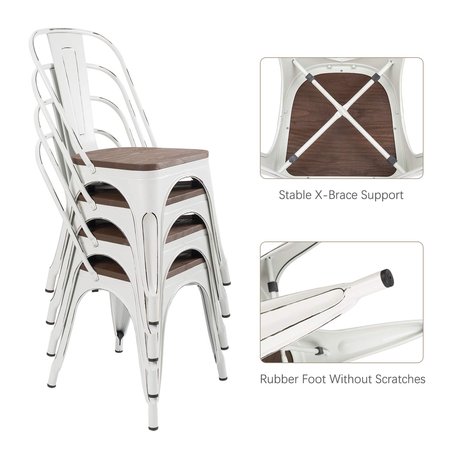 Furniwell 4-Pack Stackable Metal Dining Chairs with Wood Seat - Industrial Tolix Style Indoor/Outdoor Kitchen, Dining Room, Bistro & Cafe Chairs (White) - Perfect for Home, Restaurant and Patio Use