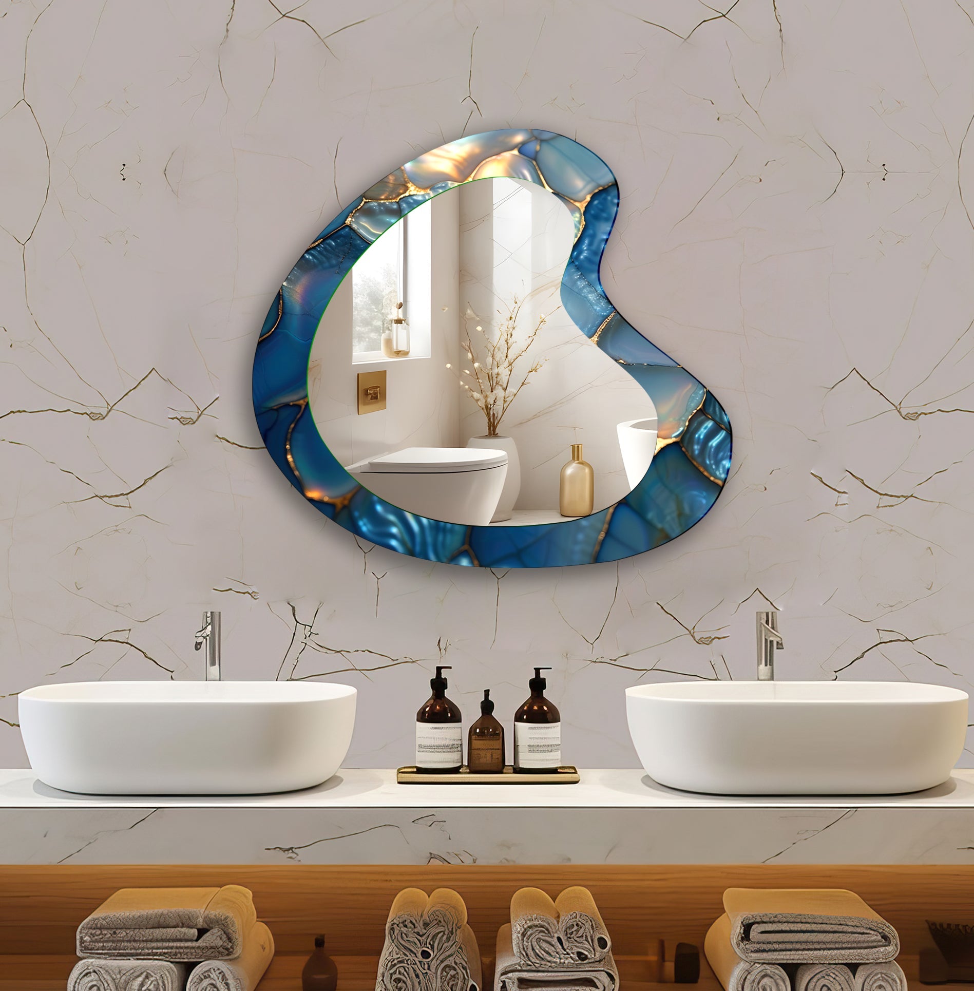 Blue Abstract Irregular Glass Wall Mirror - Modern Decorative Mirror for Living Room, Bedroom & Entryway - Unique Home Decor Accent Piece