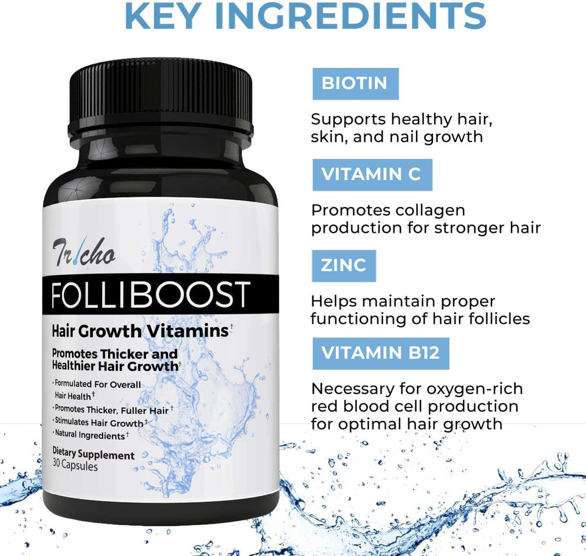 Tricho Hair Growth Vitamins with Biotin, Vitamin C, Zinc & B12 - Hair Care Supplement for Thicker, Fuller & Healthier Hair - 6 Month Supply - Perfect for Men & Women with Thinning Hair or Hair Loss Concerns