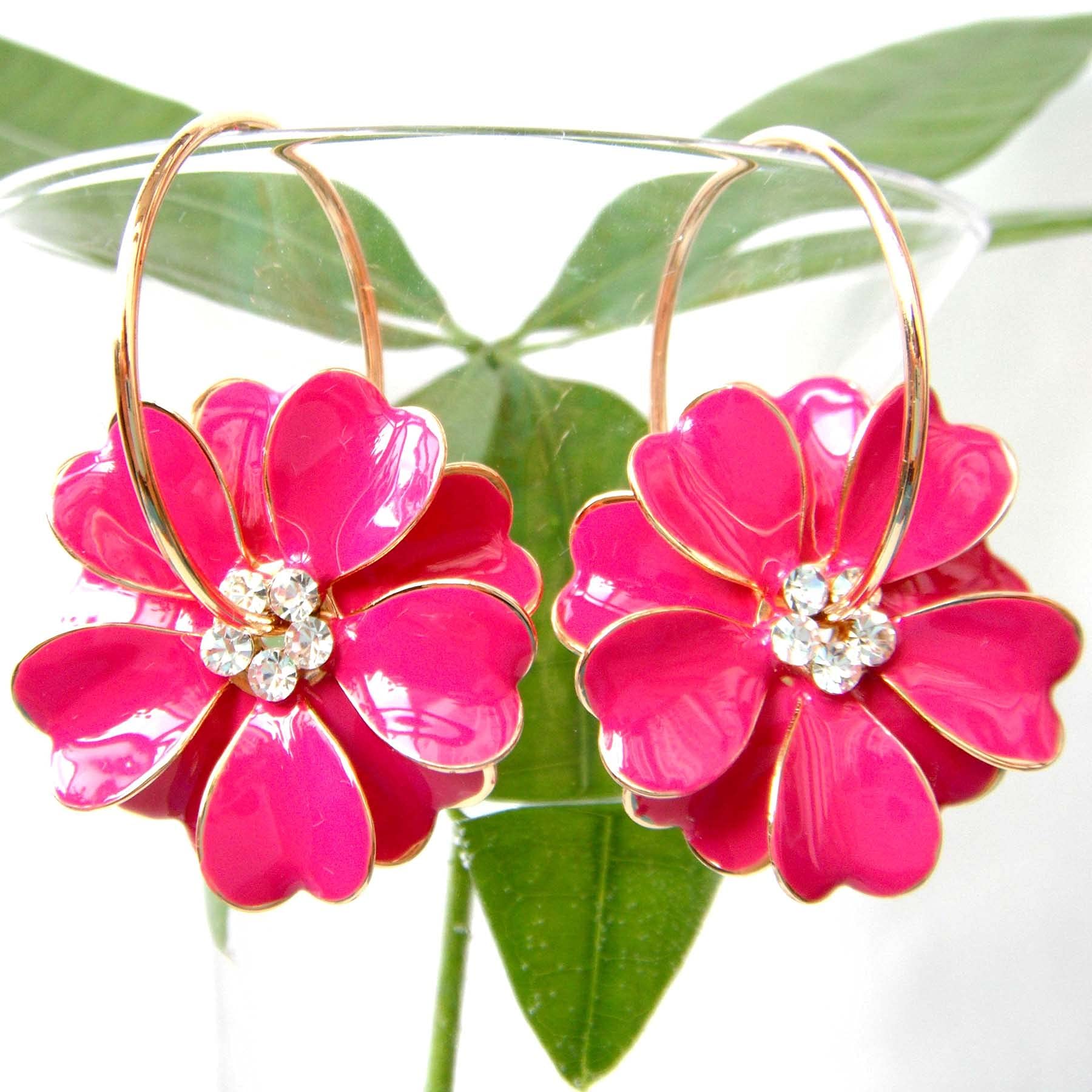18K Gold Plated Enamel Flower Crystal Hoop Earrings for Women - 3cm Diameter Elegant Dangle Earrings for Party, Wedding & Everyday Wear