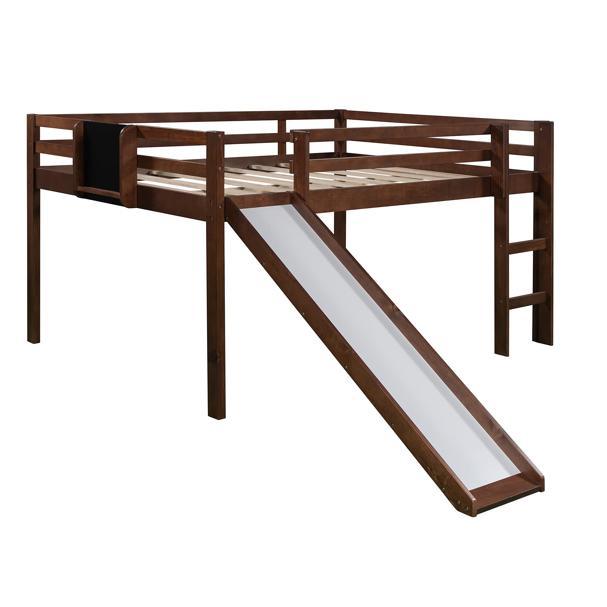 Full Size Solid Wood Loft Bed with Slide, Stairs & Chalkboard - Low Profile Kids Bedroom Furniture for Apartments & Dorm Rooms - Perfect for Boys, Girls & Teens (Walnut Finish) - Space-Saving Sleep & Play Solution for Small Rooms