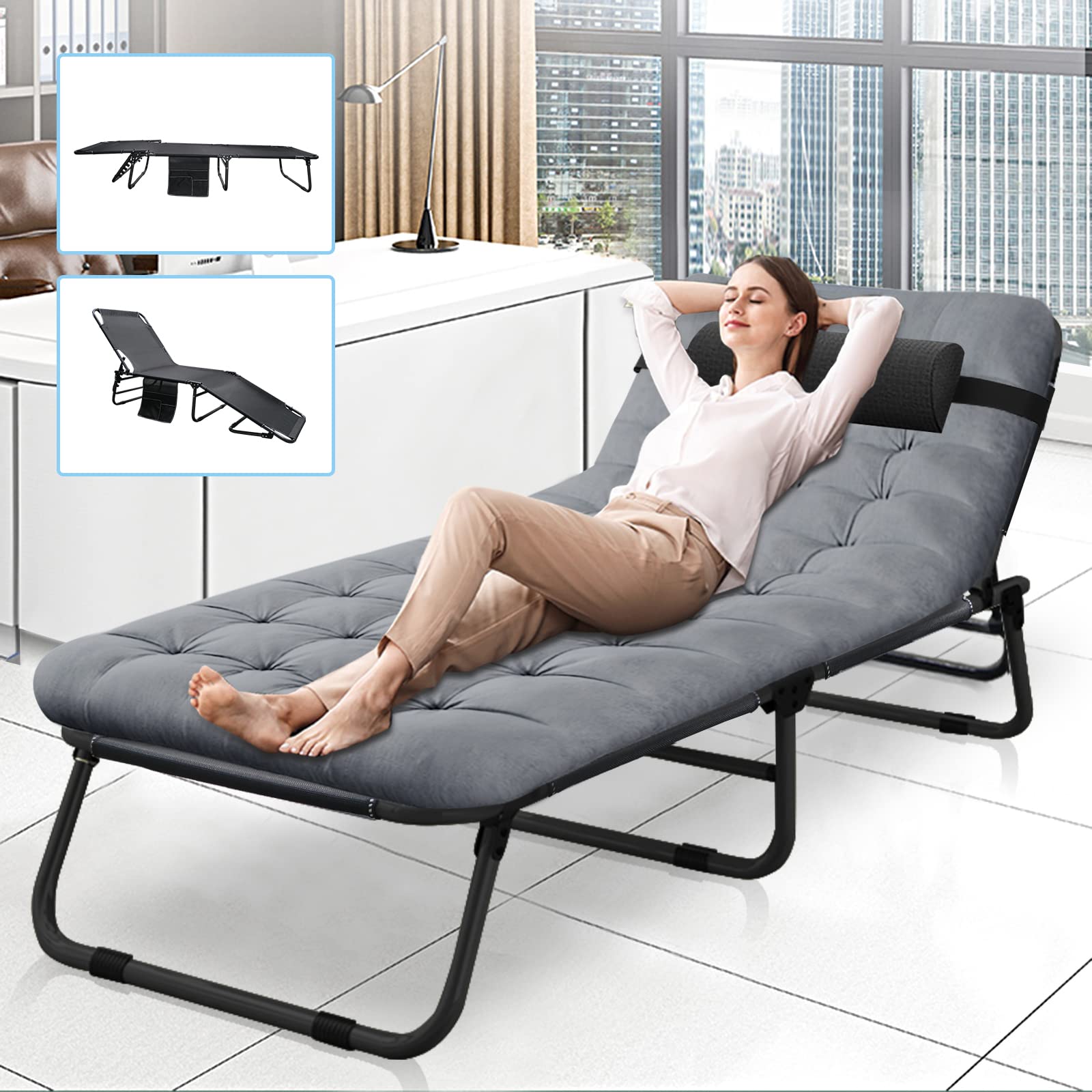 Portable Folding Camping Cot Bed - Adjustable 4-Position Reclining Lounge Chair with Pillow for Adults - Lightweight Outdoor Sleeping Cot for Camping, Beach, Poolside & Patio Relaxation - Perfect for Backyard, Picnics & Travel