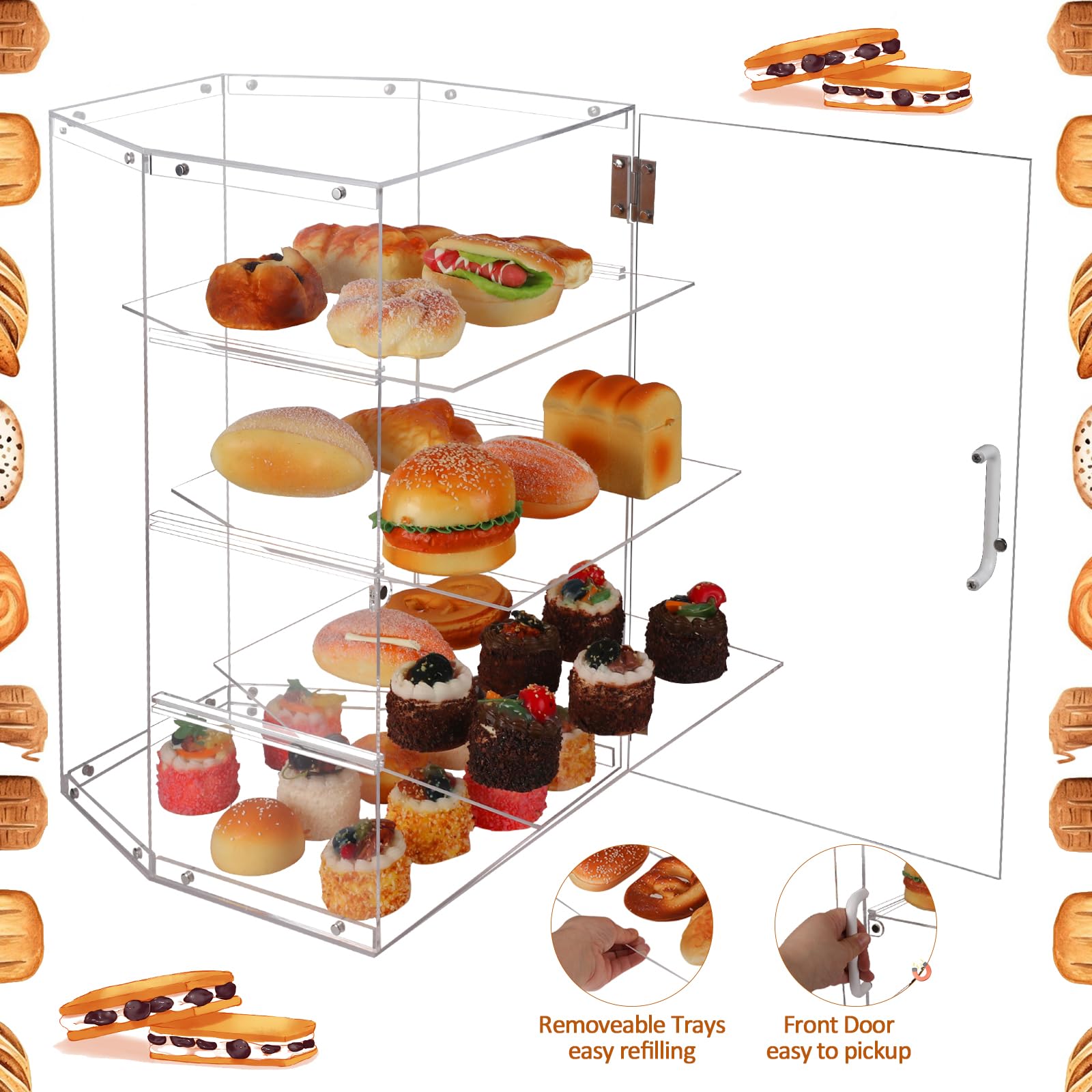4-Tier Acrylic Bread Display Case with Front Door - Large Pastry Showcase for Cake, Donut, Sourdough Bread - Perfect for Bakery Countertops, Kitchen Storage & Commercial Display
