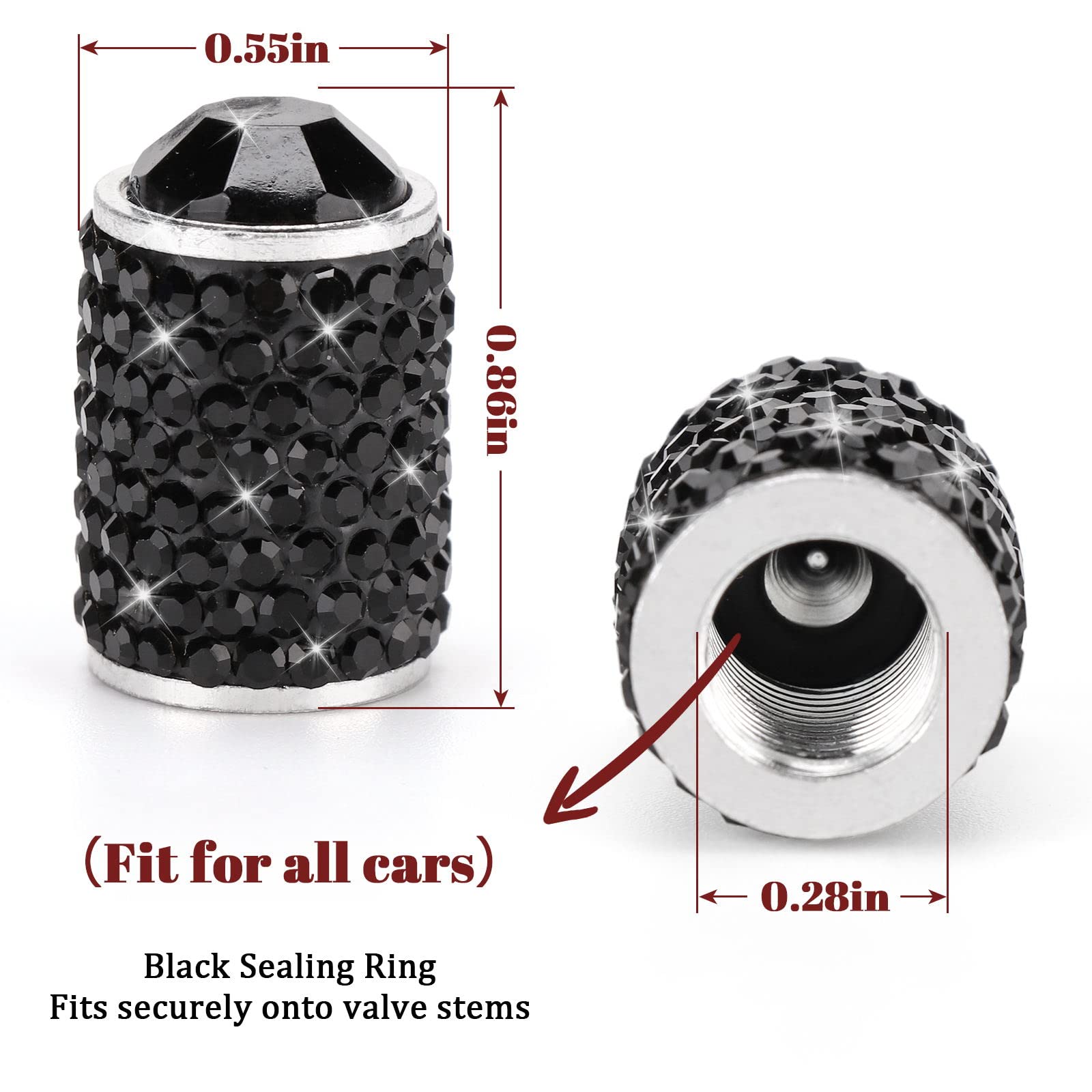 Bling Tire Valve Covers Black, 4 Pack Rhinestone Car Caps for Car/SUV/Motorcycle - Dustproof Accessories