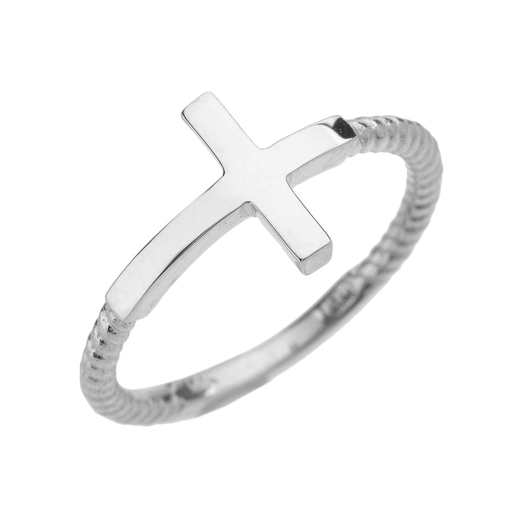 10K White Gold Twisted Rope Band Sideways Cross Ring - 1.6mm Width - Size 7.5 - Elegant Religious Jewelry for Women - Perfect for Daily Wear, Gifts & Special Occasions