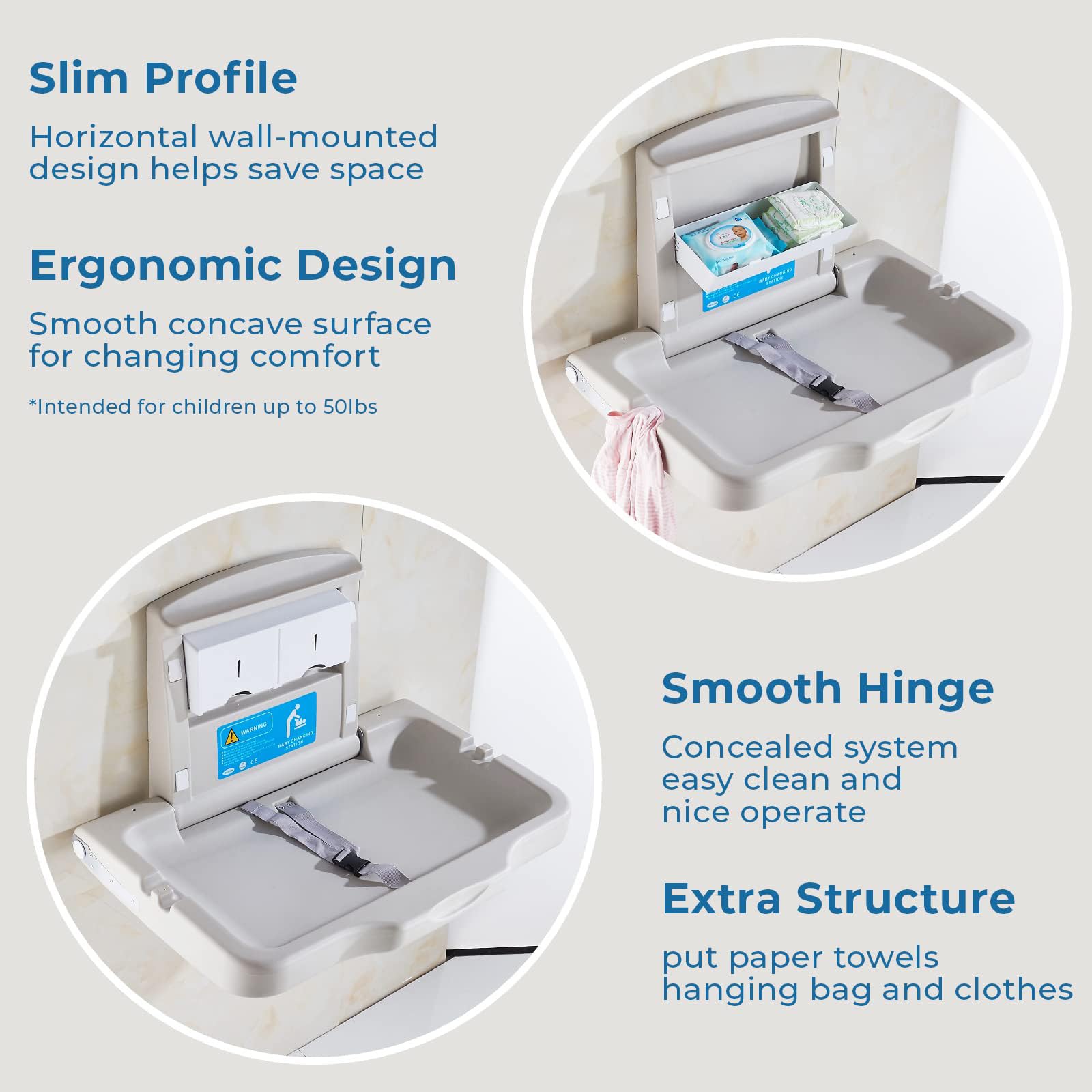 Wall Mounted Baby Changing Station - Foldable Diaper Changing Table for Commercial Restrooms | Durable HDPE Material with Safety Strap (White/Gray) | Ideal for Daycares, Shopping Malls & Public Restrooms