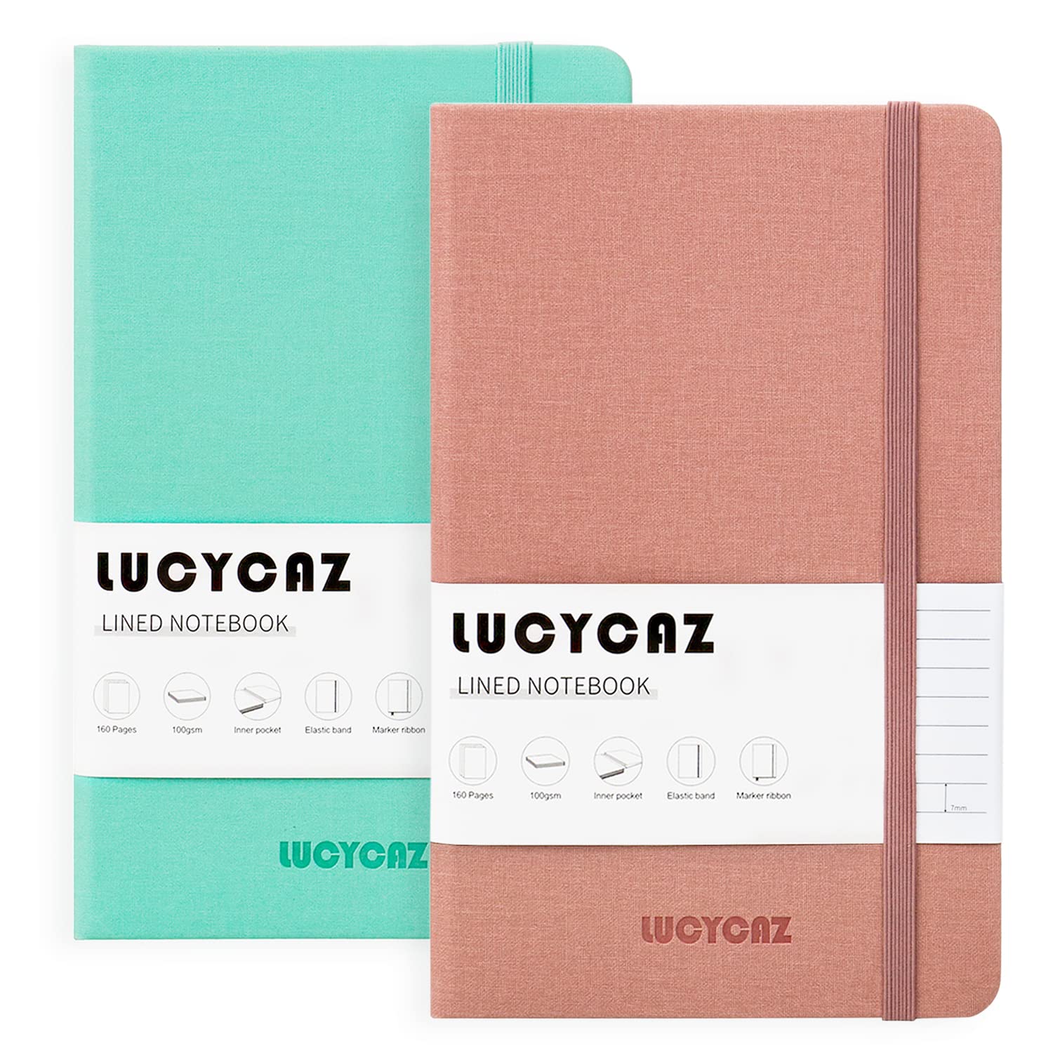 LUCYCAZ 2-Pack Hardcover Lined Notebook Journal Set for Women - Mint Green & Rose Pink, 160 Pages - Perfect for Office, Home, Business, School & Gift Giving - Writing, Journaling, Note Taking & Planning