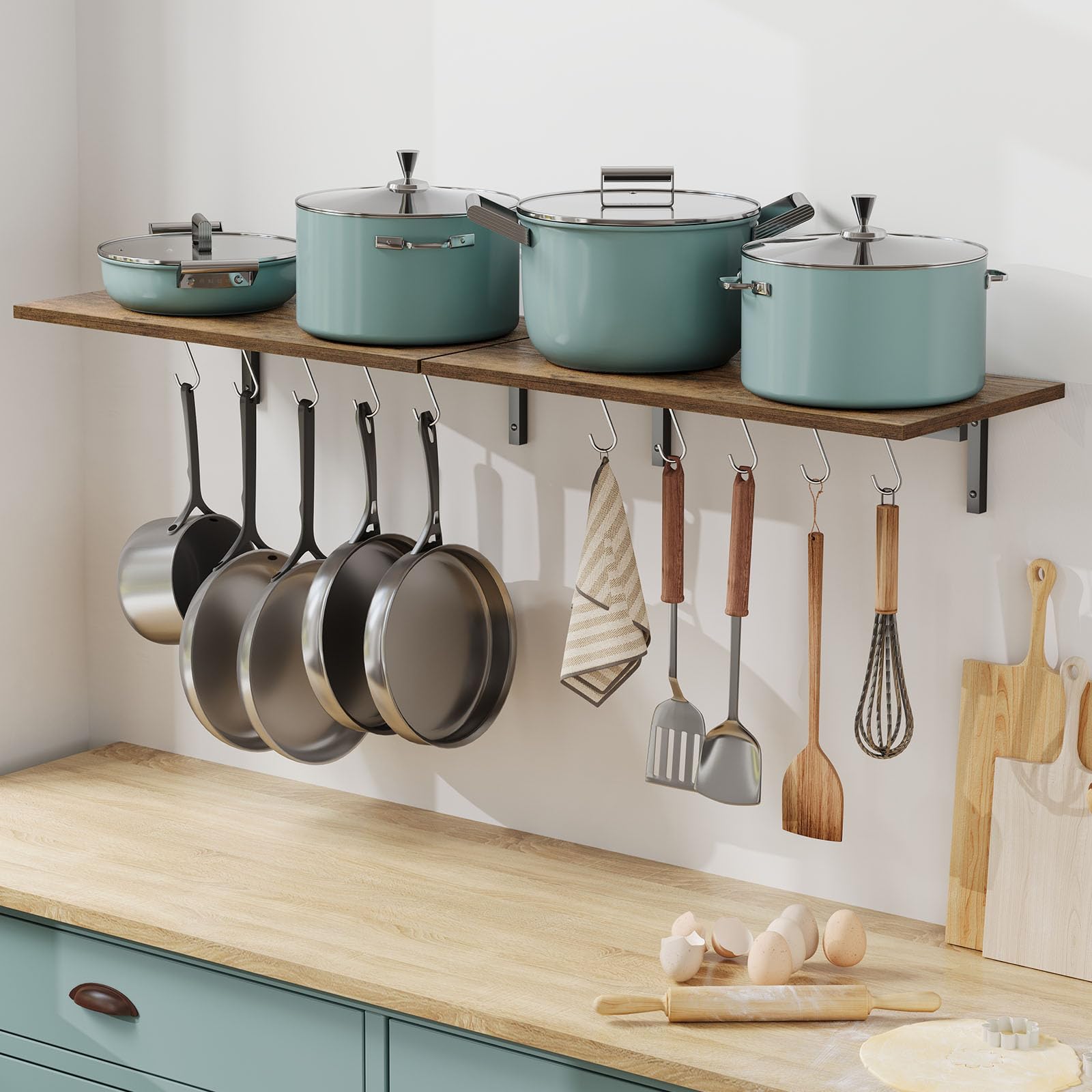OROPY 2 Pack Wooden Wall Mounted Pot Pan Hanging Rack - 23.6 Inch Kitchen Organizer with 10 S Hooks for Cookware, Utensils & Spices - Space Saving Storage Solution for Small Kitchens, RVs & Apartments