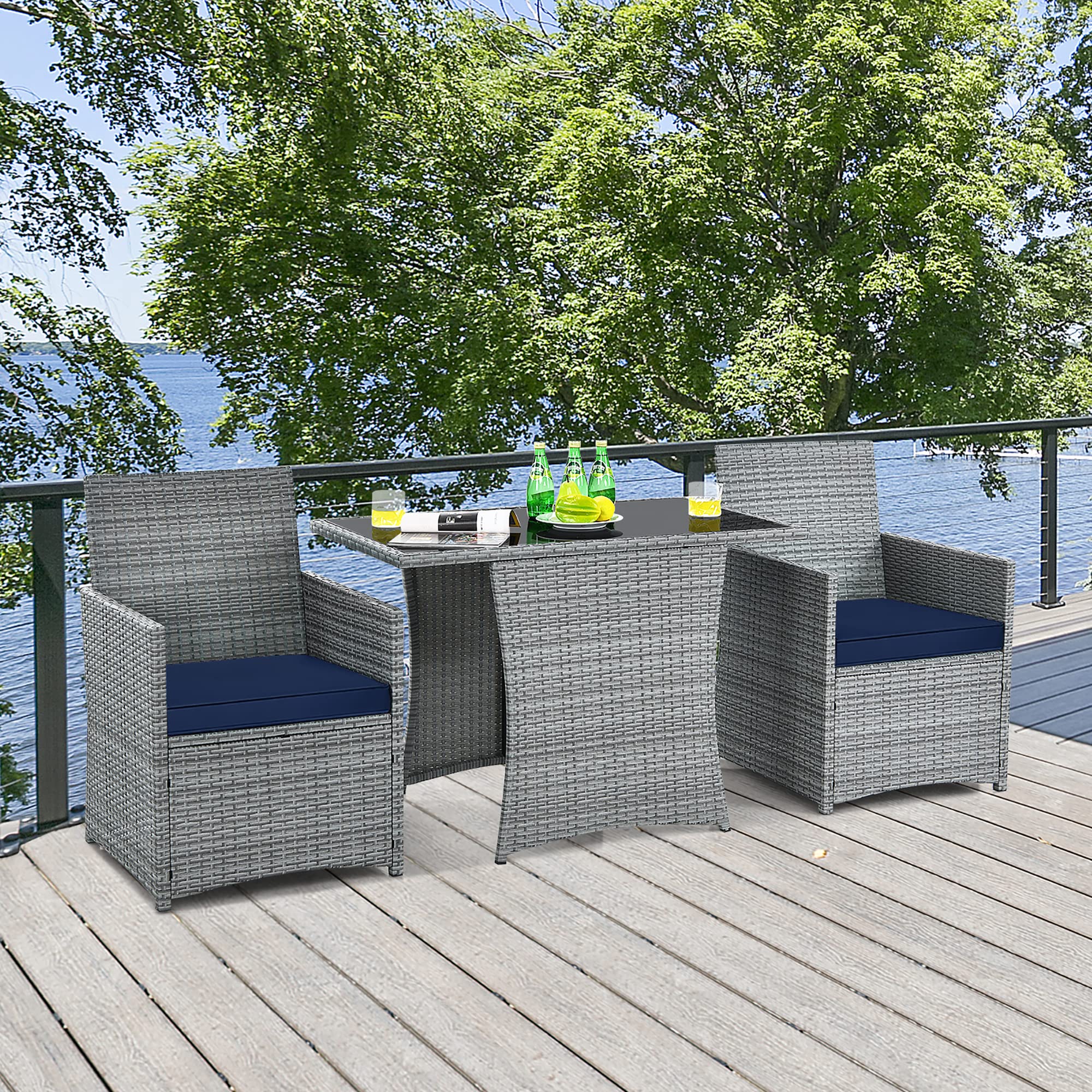 DORTALA 3-Piece Outdoor Rattan Furniture Set - Patio Wicker Conversation Set with Cushions & Coffee Table - Navy Blue Garden Dining Chairs for Backyard, Poolside, Lawn & Outdoor Entertaining
