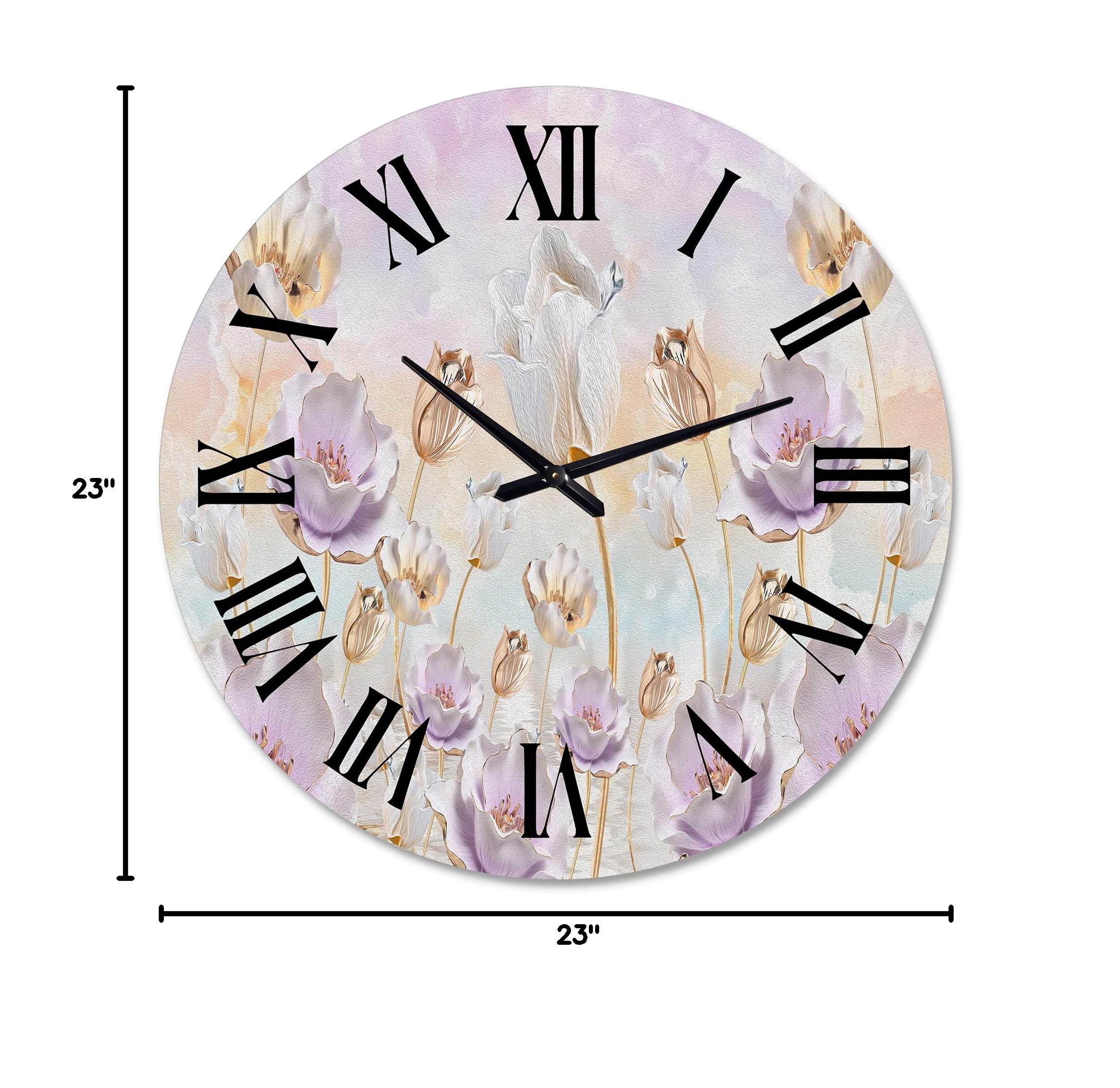 DesignQ Traditional Wall Clock 'Blossoming Flowers in Pastel Tones' - Large Floral & Botanical Wall Clock for Bedroom, Living Room, Office Decor - Silent Non-Ticking Home Décor with Roman Numerals