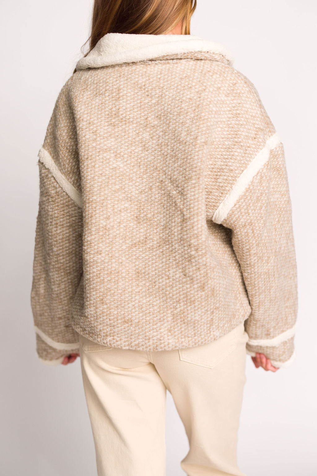 Presley Mixed Color Mini Pompom Jacket in Beige Combo - Stylish Women's Winter Coat for Casual Outings & Holiday Parties
