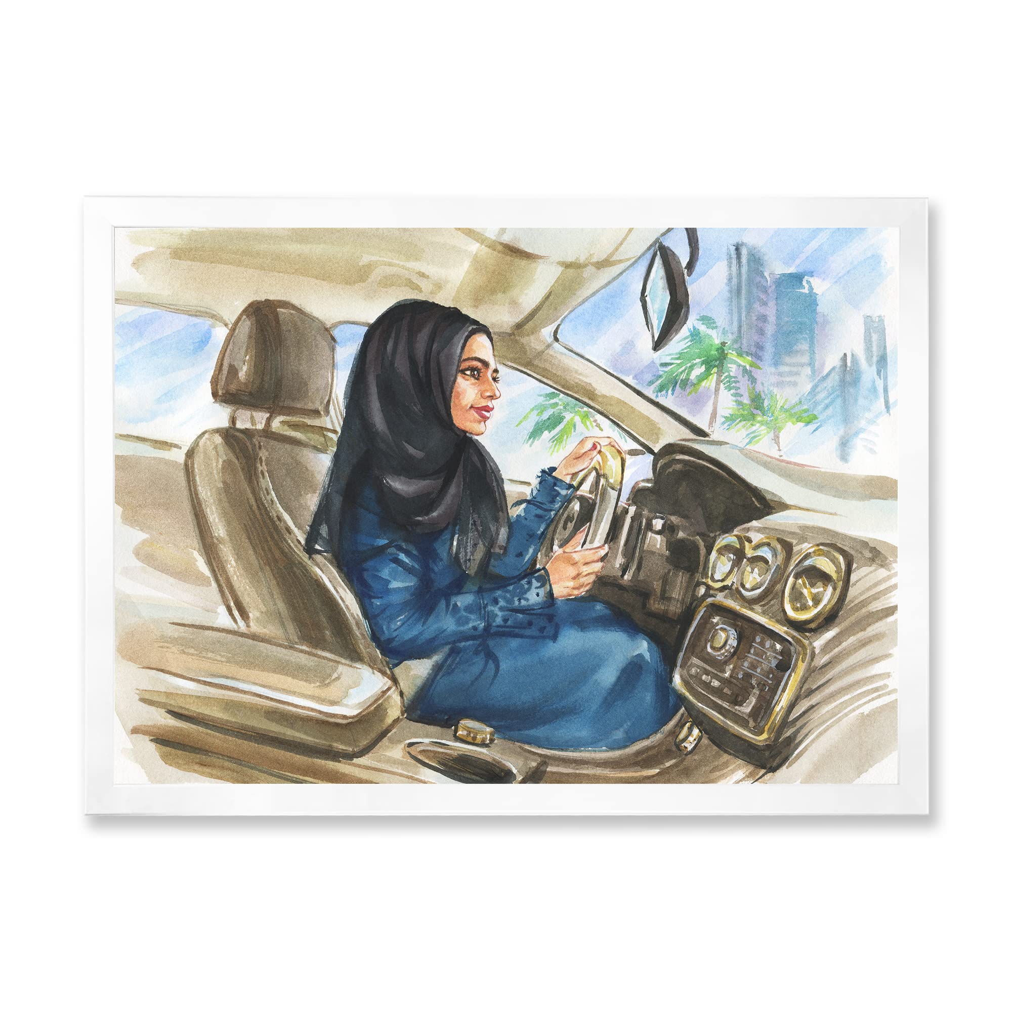 DesignQ Arabian Woman Driving A Car - Modern Framed Wall Art Decor for Living Room, Bedroom & Office - Premium Canvas Print Home Decor