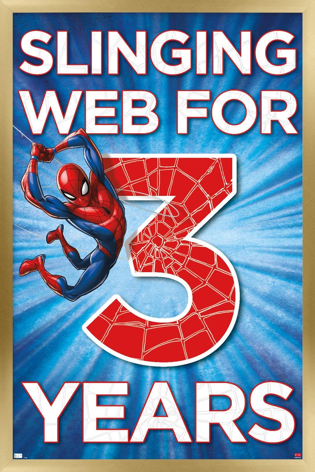 Marvel Spider-Man Happy 3rd Birthday Gold Framed Wall Poster 22.4x14.7 Inches - Perfect for Kids Room Decor & Birthday Party Decorations