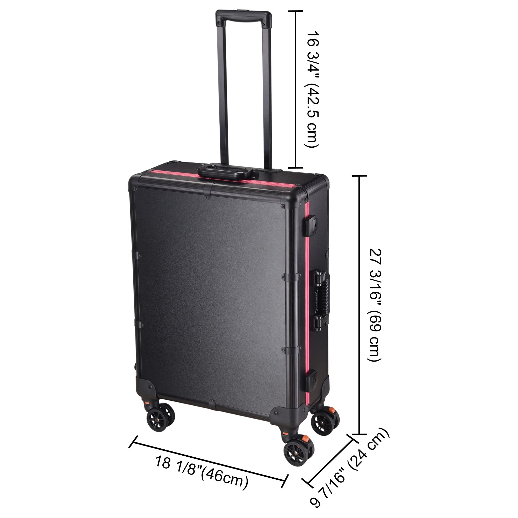 BYOOTIQUE 26 Inch Extra Large Rolling Makeup Case with LED Lighted Mirror - Professional Cosmetic Organizer Storage Trolley with Extendable Tray & Adjustable Legs - Perfect for Makeup Artists, Salon Professionals, Travel & Home Vanity Organization