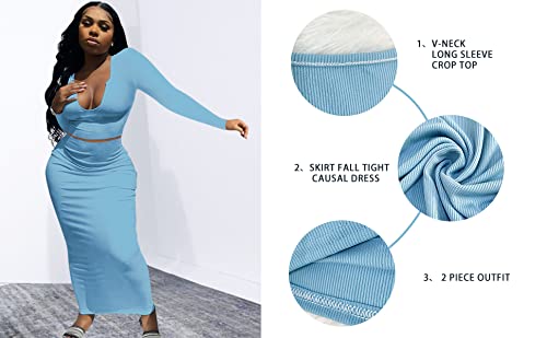 Sexy Women's Two-Piece Skirt Outfit - Long Sleeve/Sleeveless V-Neck Bodycon Ribbed Knit Maxi Dress for Club, Party & Evening Wear | Perfect for Date Night, Cocktail Events & Night Out