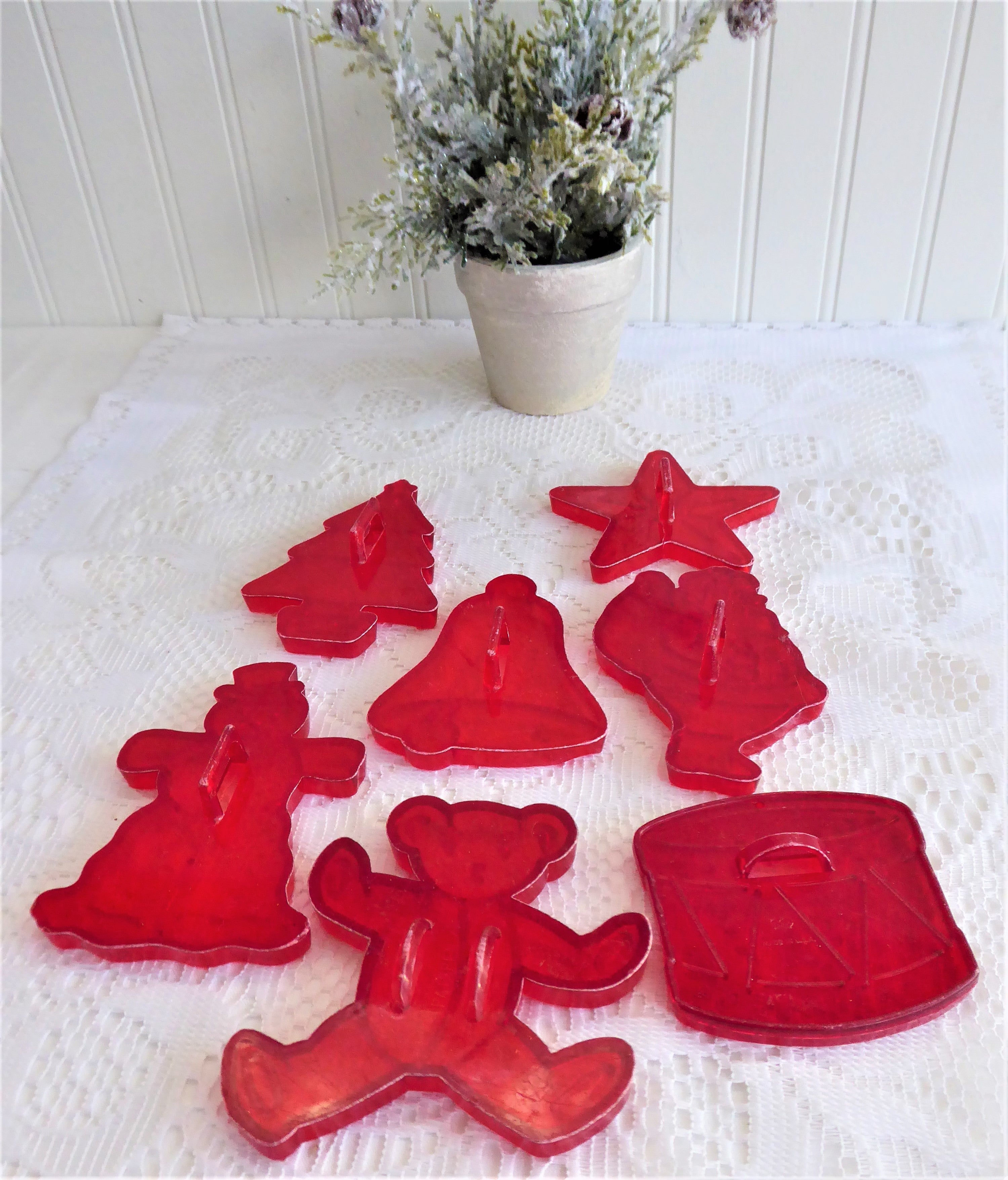 Vintage 1950s Christmas Cookie Cutters Set of 7 - Santa, Bell, Star, Teddy Bear, Drum, Tree - Red Plastic Baking Tools for Holiday Cookies, DIY Decorations & Christmas Party Favors