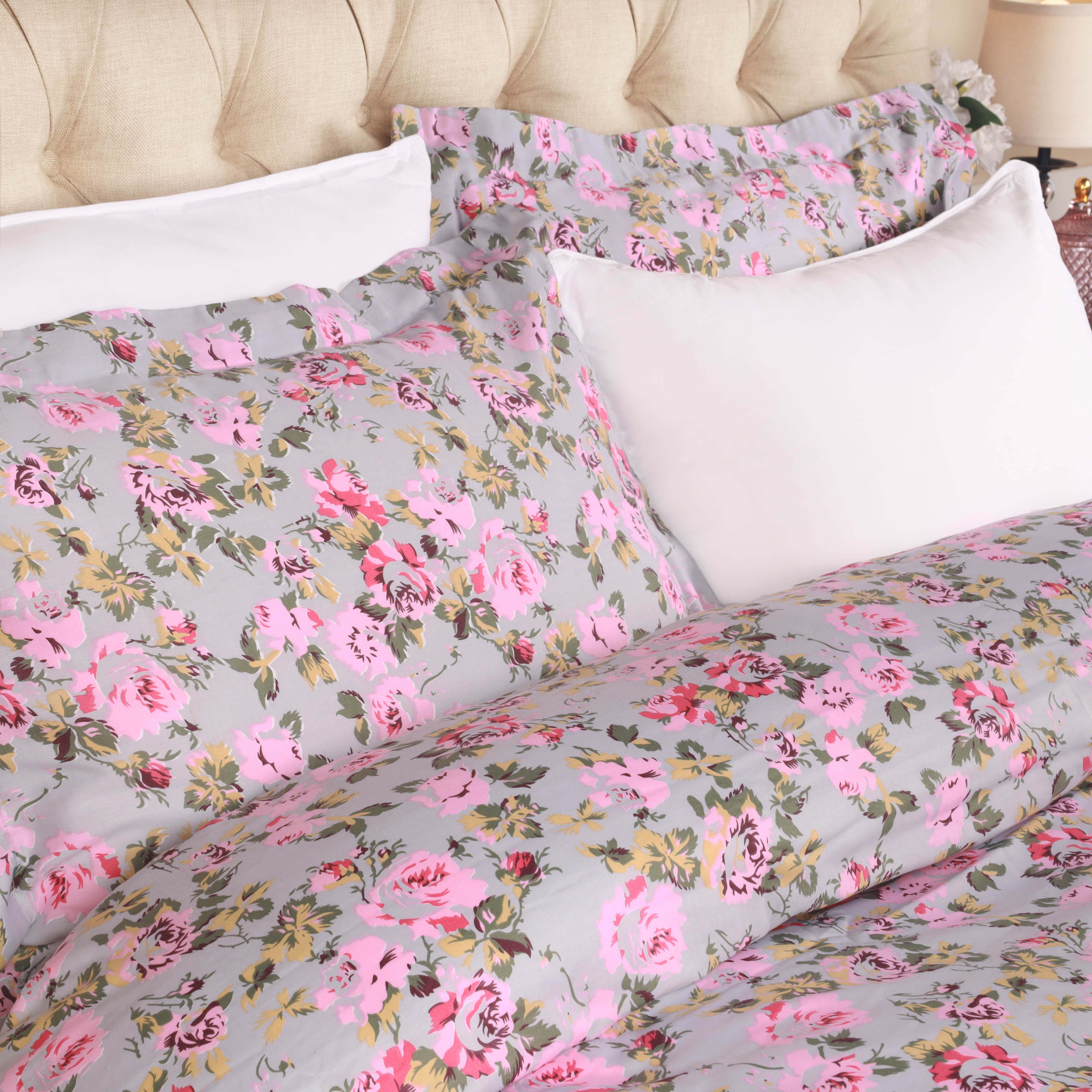 300 Thread Count Solid & Floral Cotton Duvet Cover Set - All Season Soft Bedding for Master Bedroom, Guest Room & Vacation Homes