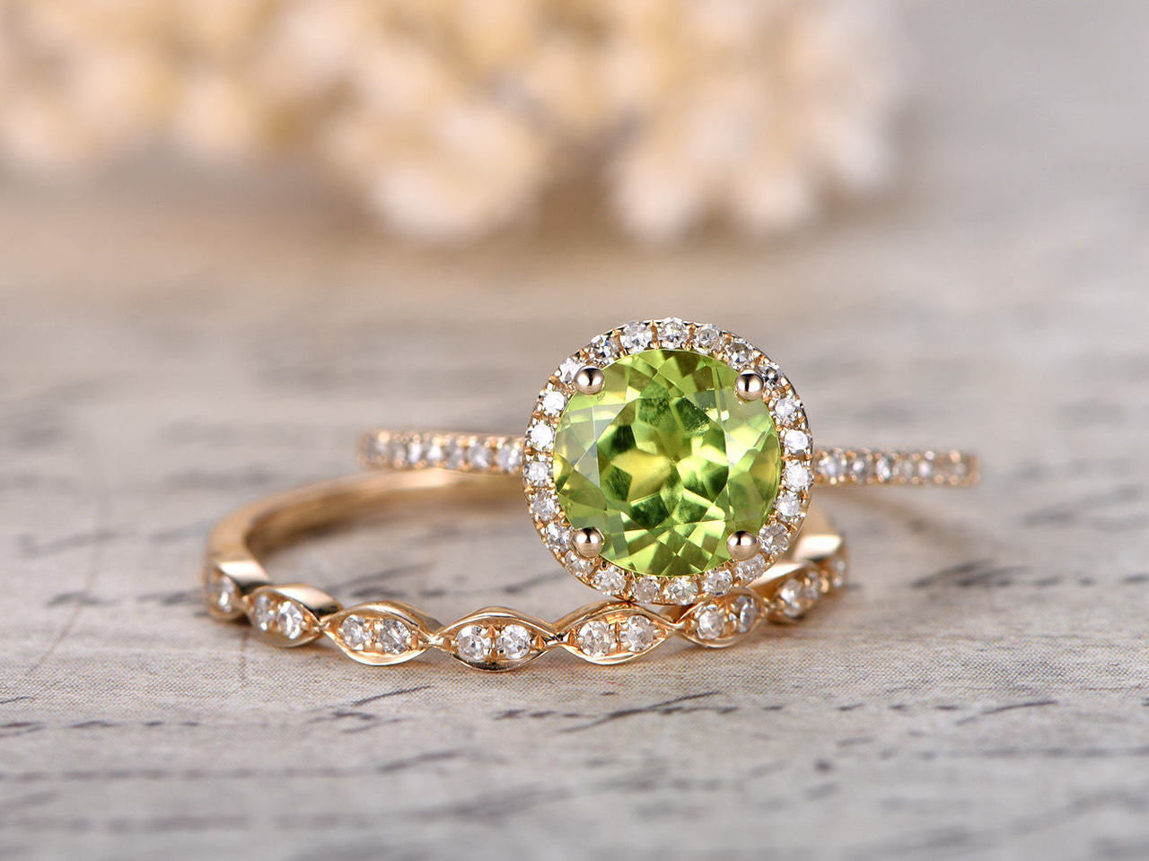7mm Round Cut Peridot Engagement Ring Set with Diamond Wedding Band in 14K Yellow Gold - Perfect for Bridal Jewelry, Anniversary Gifts & Special Occasions