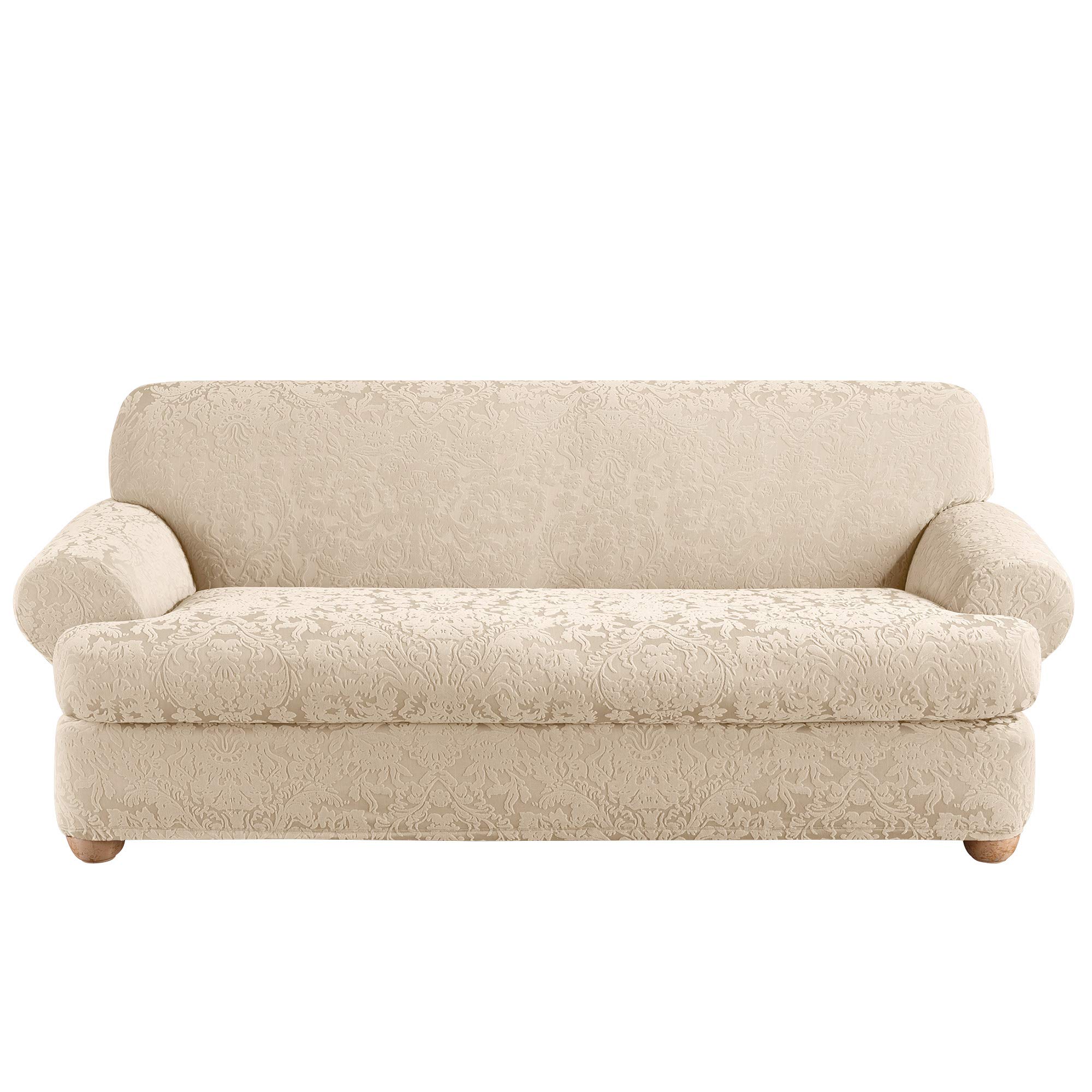 SureFit Stretch Jacquard Damask 2-Piece Sofa Slipcover - Oyster Color - Fits Most Couches & Loveseats - Easy Installation for Living Room Furniture Protection