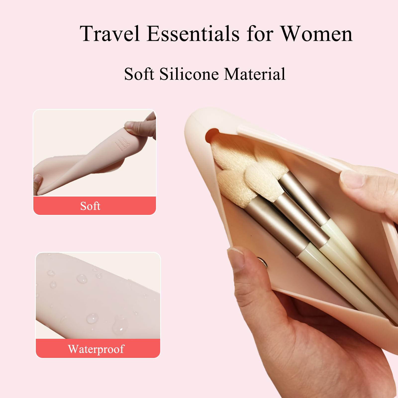 Premium Silicone Travel Makeup Brush Holder Case - Magnetic Closure Cosmetic Organizer Pouch for Women | Perfect for Airplane, Vacation & On-the-Go Makeup Essentials (Khaki)