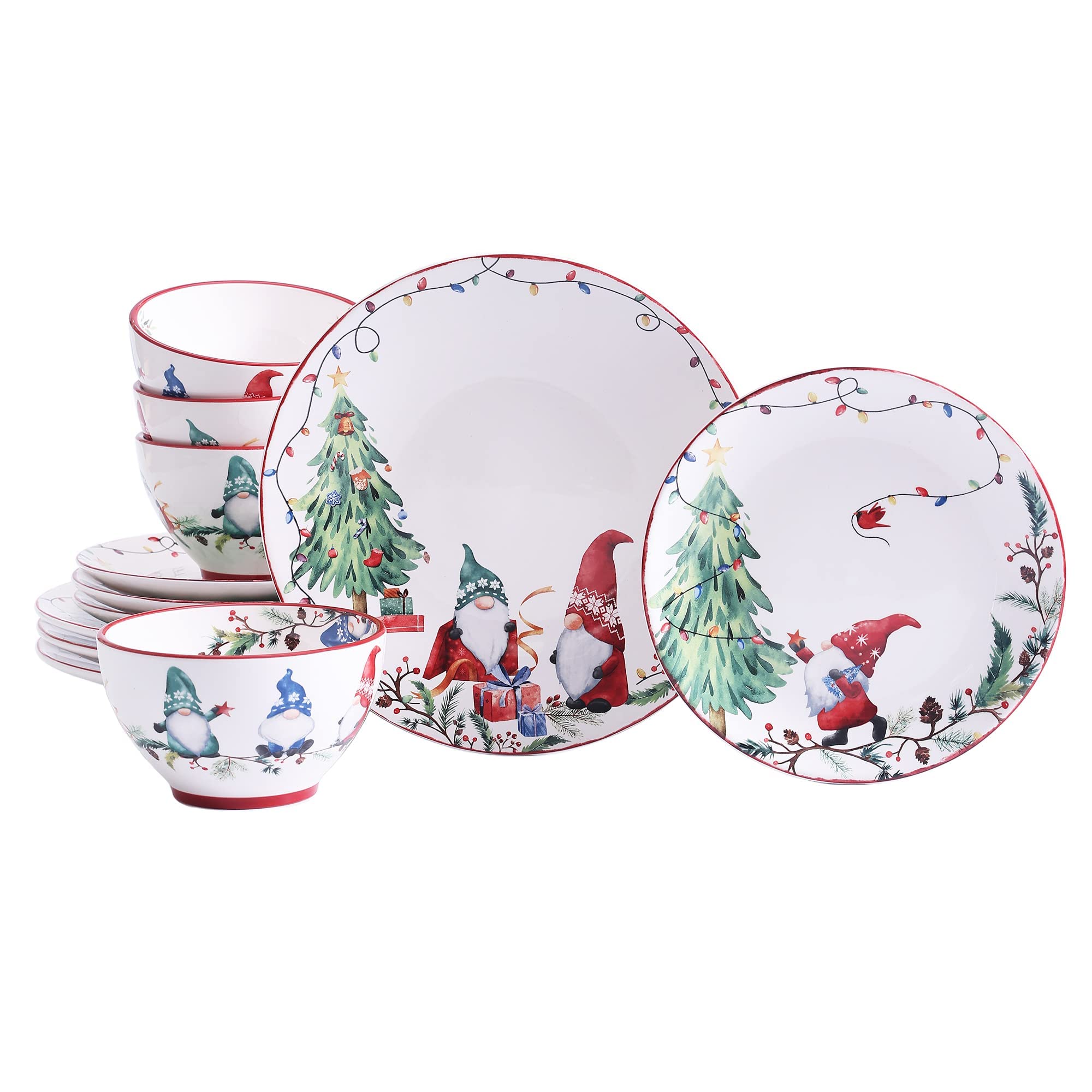 Bico Christmas Gnomes Ceramic Dinnerware Set - 12 Piece Service for 4 (Includes 11