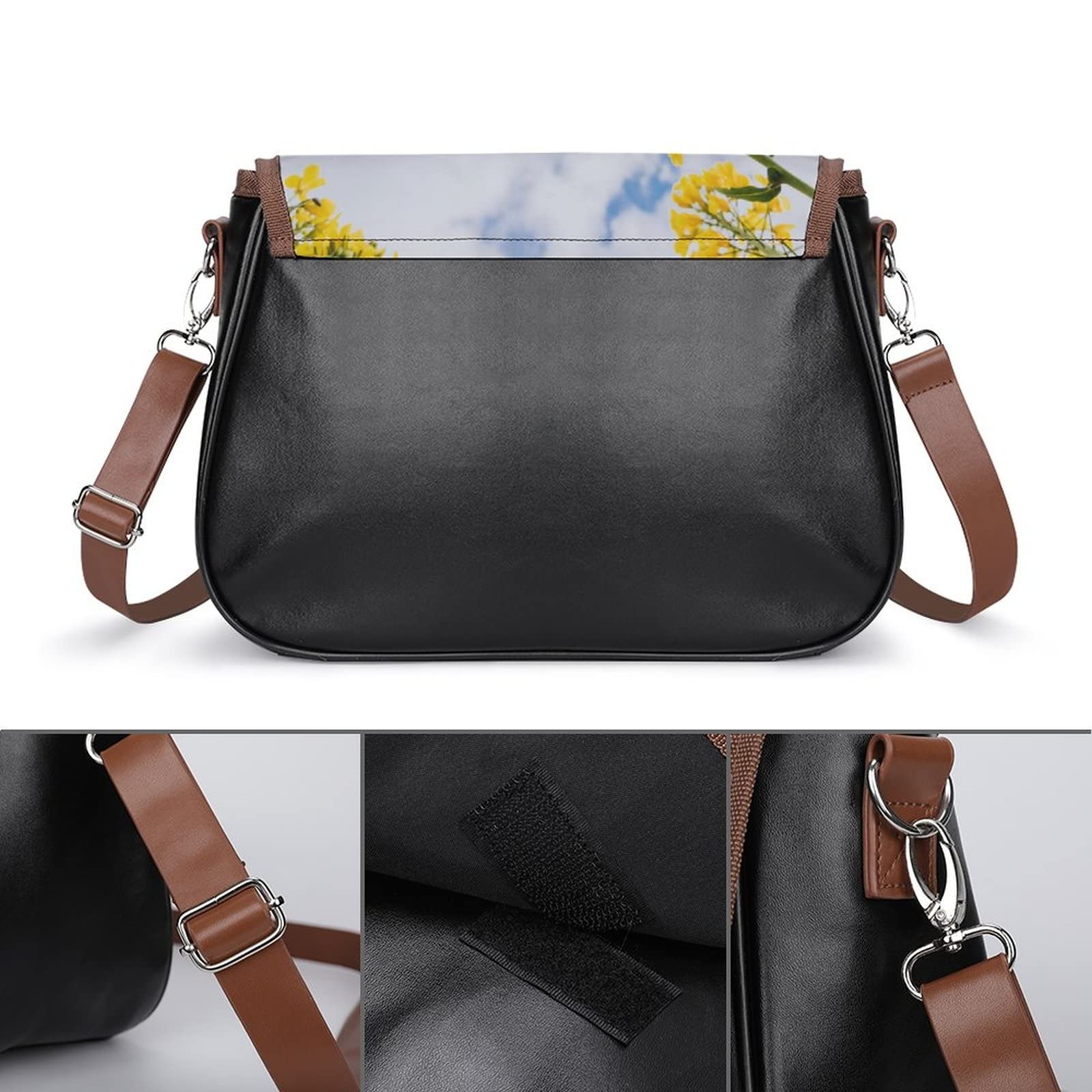 Vintage Leather Crossbody Bag for Women - Medium Hobo Shoulder Bag with Yellow Cole Blossoms Print | Perfect for Everyday Use, Travel & Casual Outings