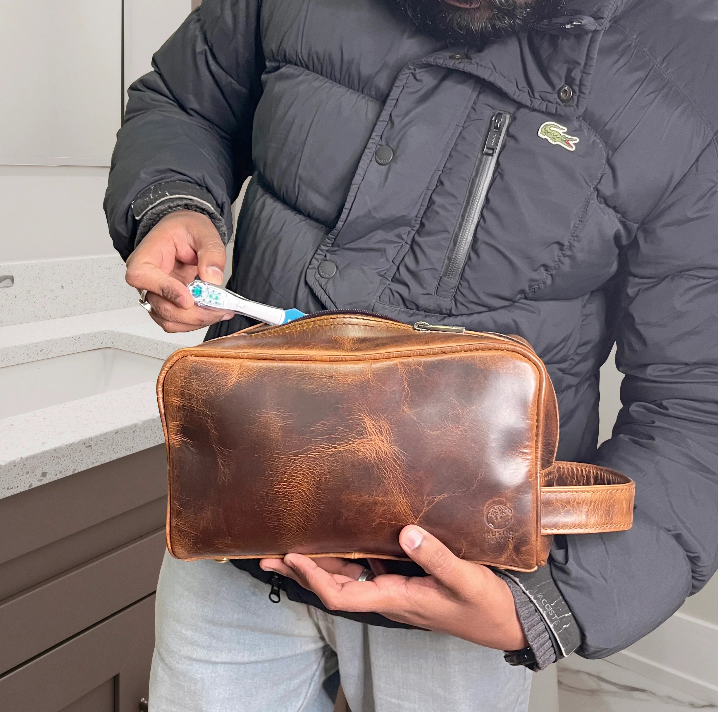 Johnny Genuine Leather Travel Toiletry Bag for Men - Waterproof Shaving Kit Organizer (Antique Brown) - Perfect for Business Trips, Gym & Weekend Getaways