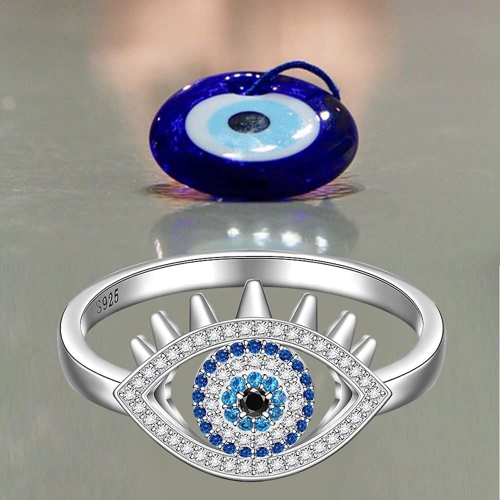 Evil Eye Protection Ring for Women - Sterling Silver Blue Sapphire Turkish Nazar Jewelry - Spiritual Third Eye Greek Religious Faith Lucky Gift - Size 7-8 - Perfect for Meditation, Yoga & Positive Energy