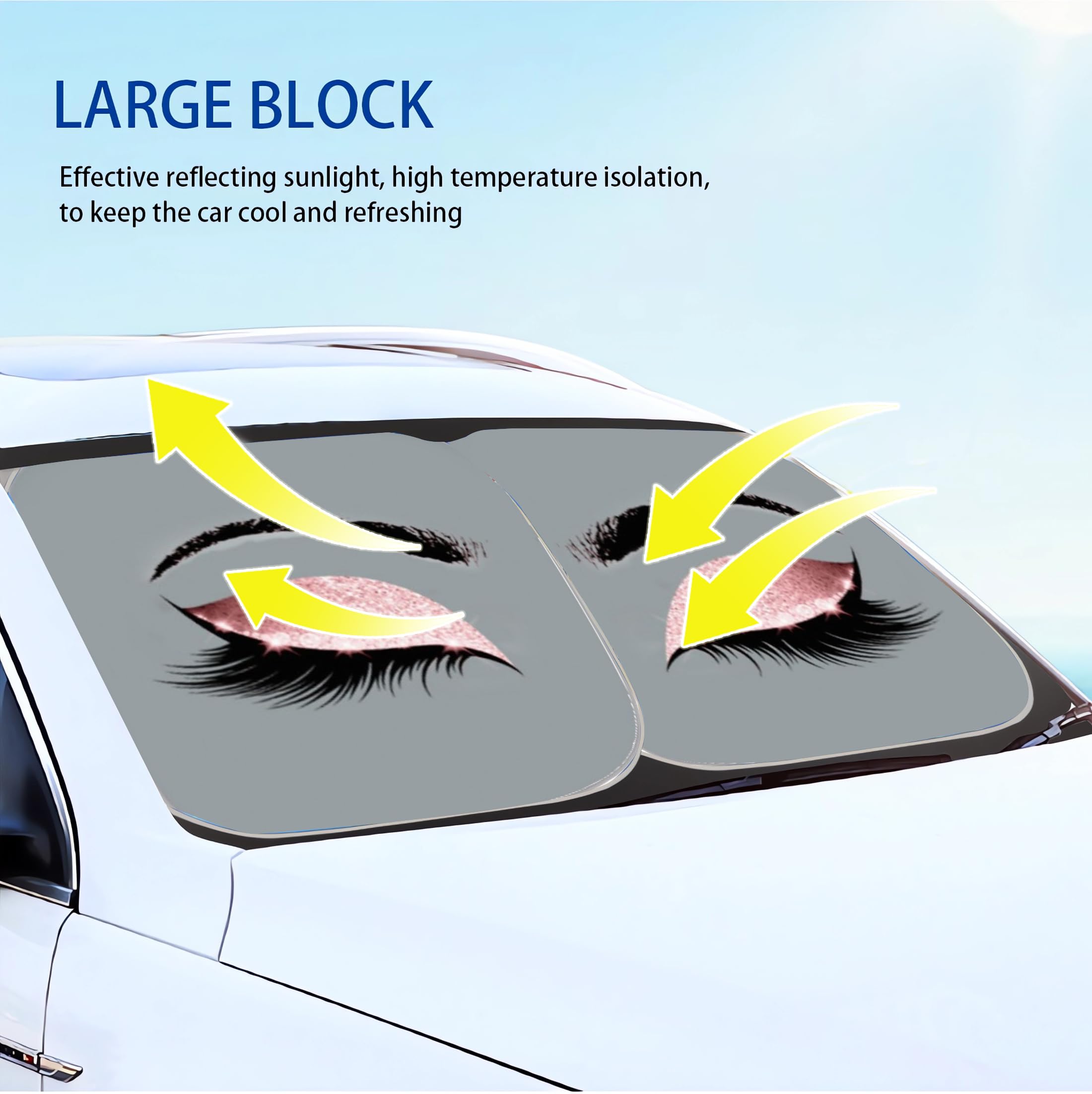 Grey Eyes Design Car Windshield Sun Shade for Women - 2-Piece Foldable Funny Car Window Cover & Sun Visor - UV Protection Auto Interior Accessories - Perfect for Summer Driving, Road Trips & Parking