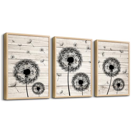 Black And White Dandelion Natural Wood Framed