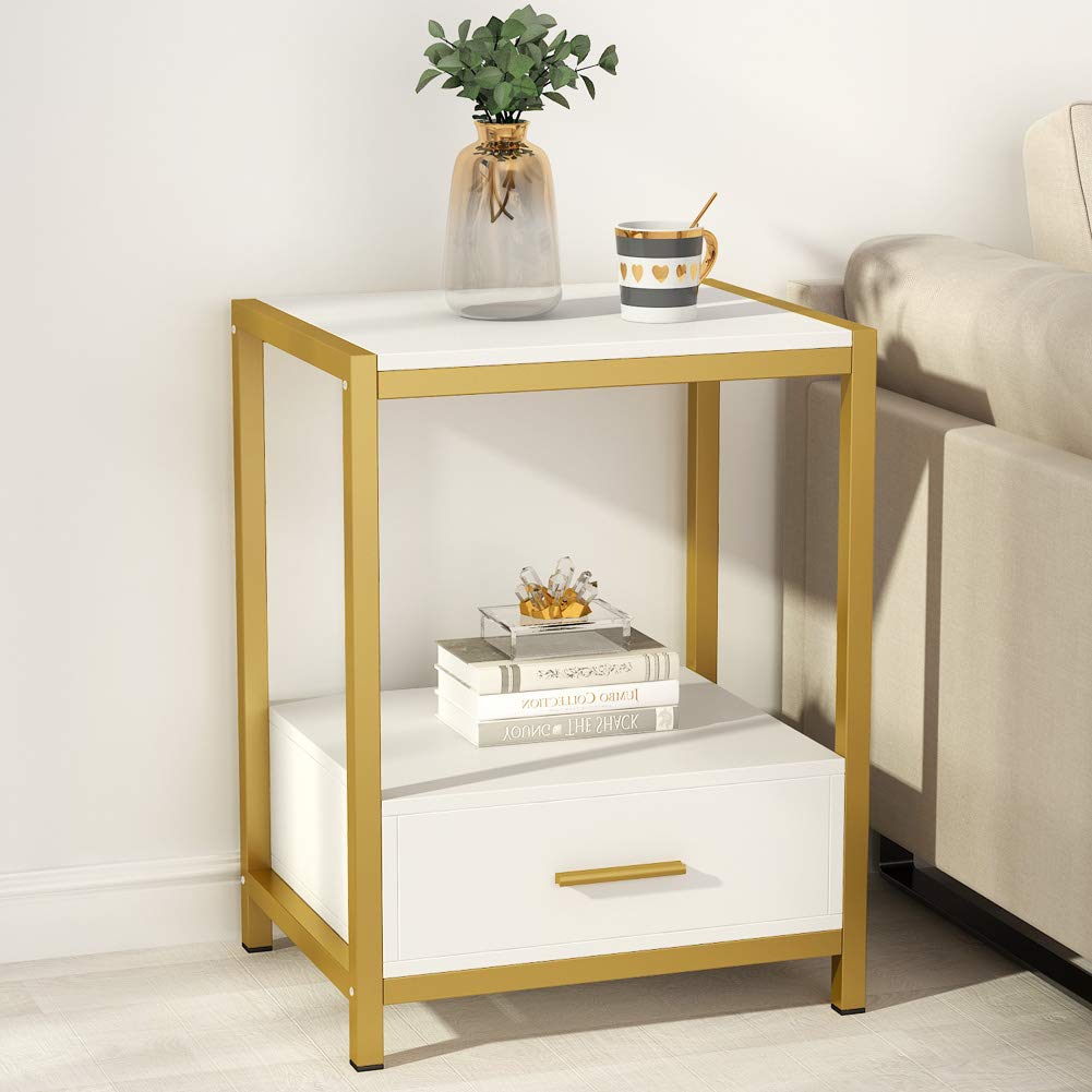 Tribesigns 25 Inch Tall Gold Nightstand with Drawers & Storage Shelf - Modern Bedside Table, End Table, Side Table for Bedroom & Living Room - Perfect for Small Spaces & Apartment Decor (1pc, Gold & White)