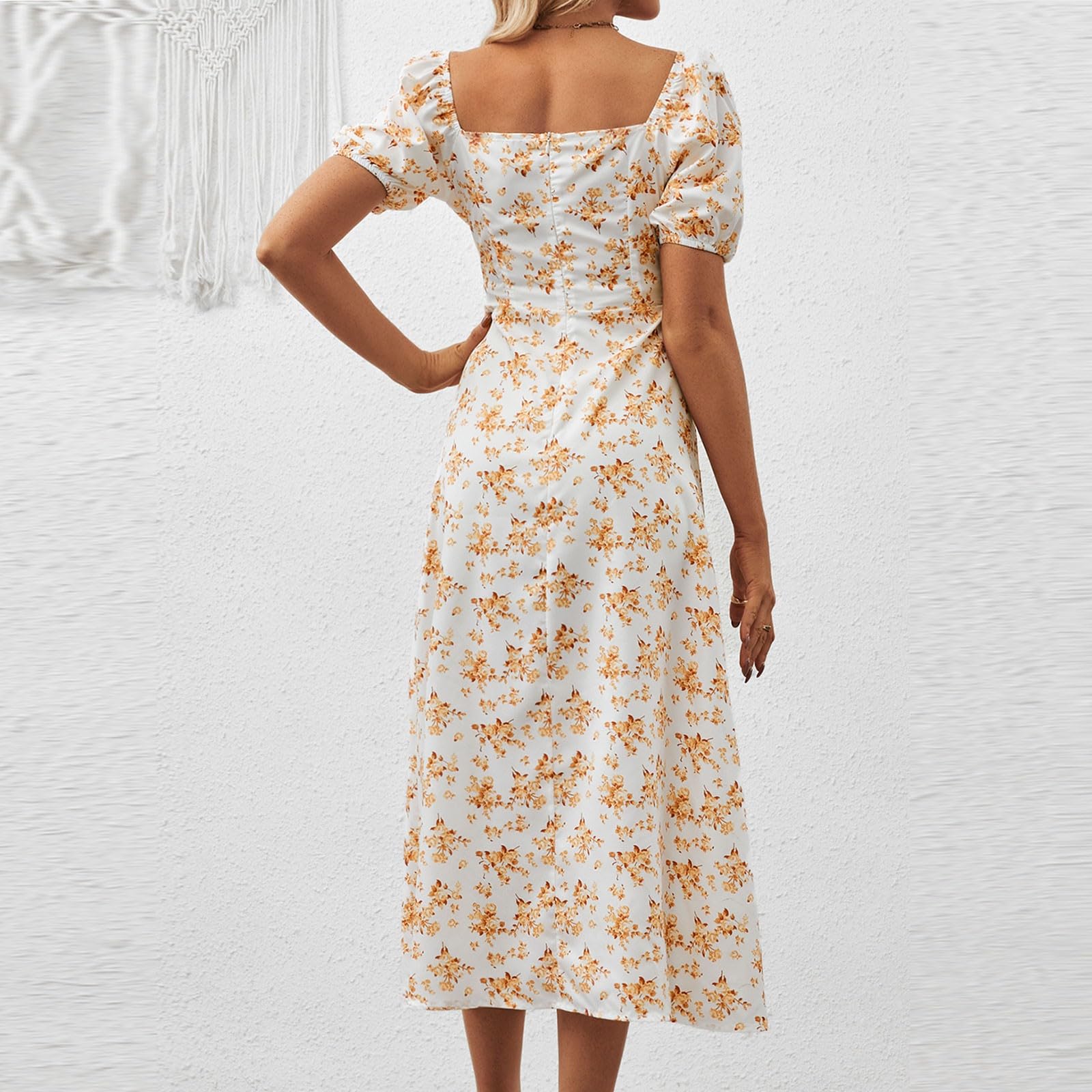 2025 Women's Summer Dresses - Puff Short Sleeve Long Boho Floral Dress with Square Neck & Thigh Split | Perfect for Beach Vacations, Music Festivals & Casual Outings