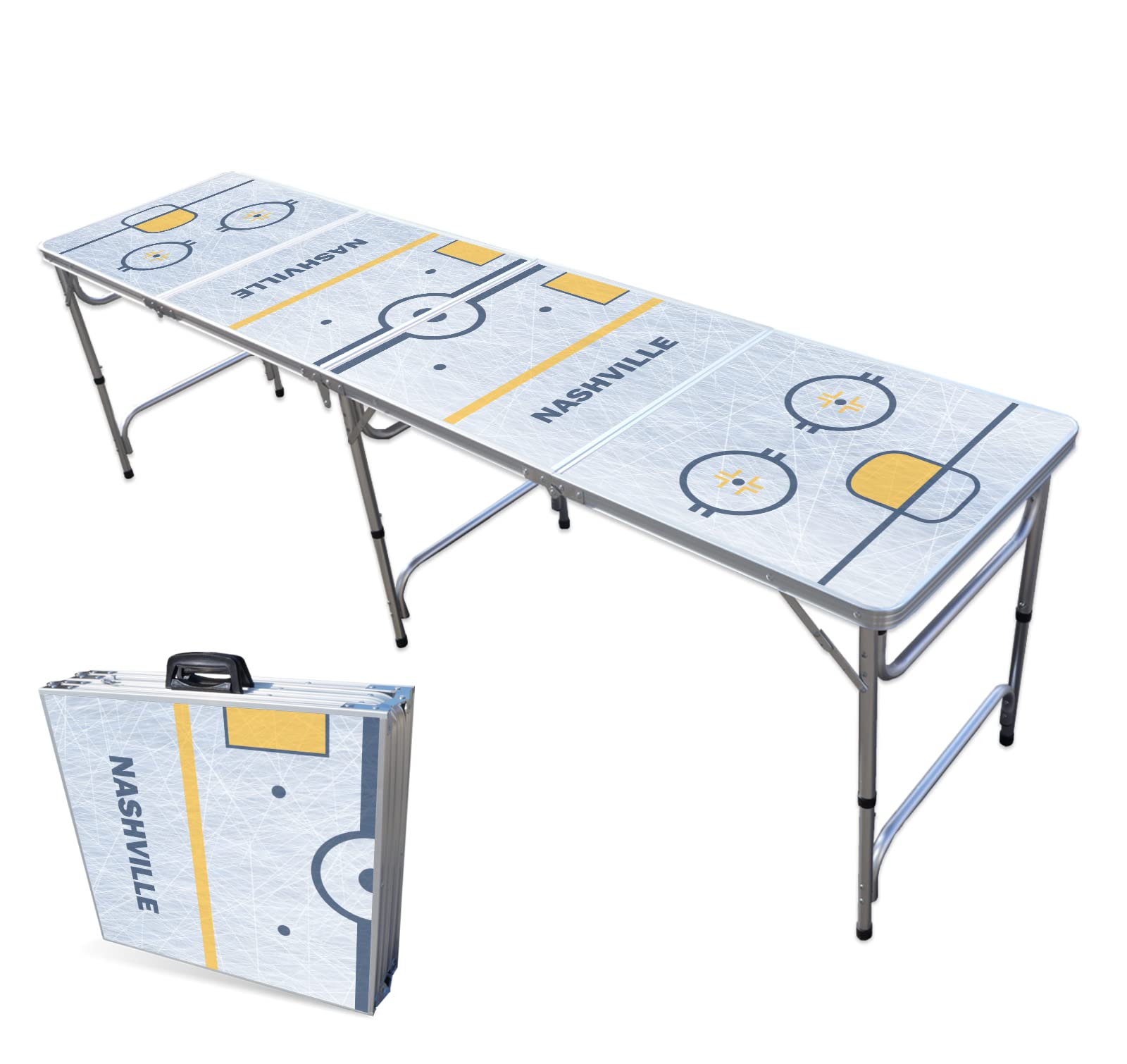 8-Foot Folding Portable Beer Pong Table with Optional Cup Holders & LED Lights - Nashville Hockey Rink Design (Choose Your Model) - Perfect for Backyard Parties, Tailgating & College Events