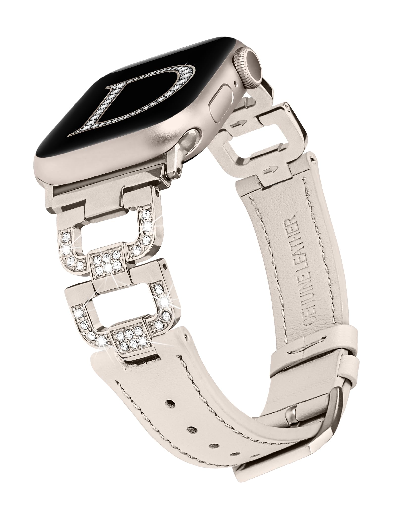Elegant Diamond D-Shaped Leather Strap for Apple Watch Series 10/9/8/7/6/5/4/3/2/1/SE - Compatible with 41mm/40mm/38mm/42mm - Women's Luxury Bling Band for iWatch (Starlight/Starlight M) - Perfect for Parties, Weddings & Formal Occasions