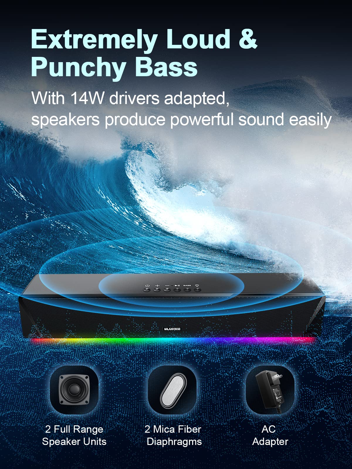 24W Bluetooth Computer Soundbar with Deep Bass - USB/3.5mm Aux-in PC Speakers for Desktop Monitor, Gaming & Home Office - AC Powered Multimedia Sound Bar for Computers, Laptops & Workstations