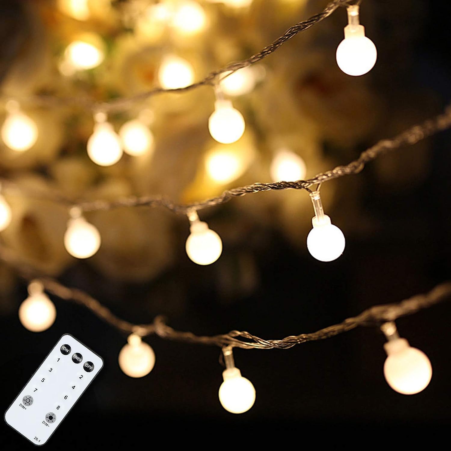 100 LED Globe String Lights - 59 Ft Plug-in Christmas Lights with Remote Timer, Connectable 0.71