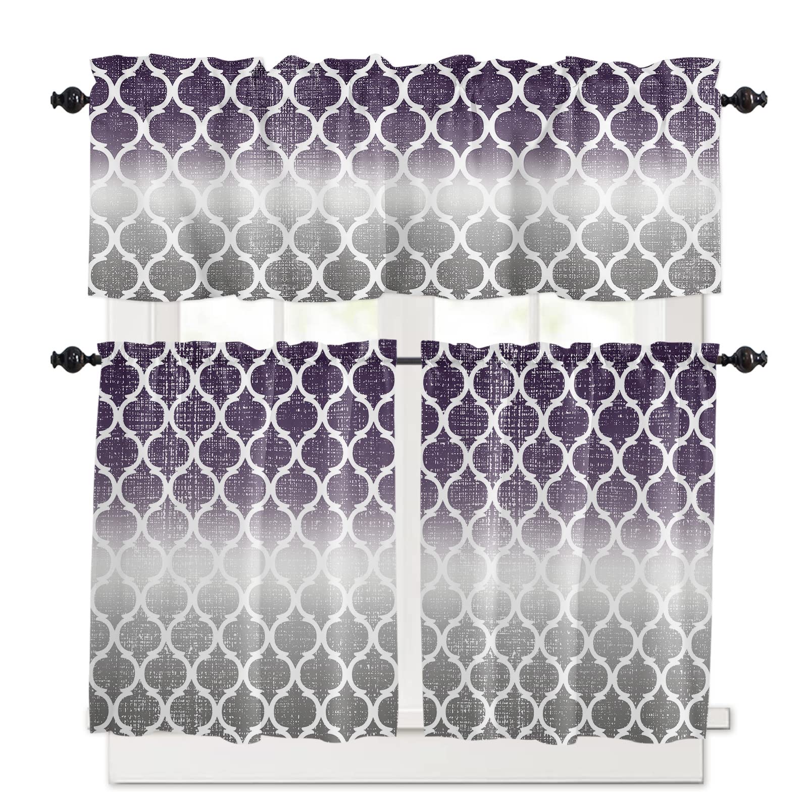 Geometric Moroccan Kitchen Curtains Set - 3 Piece Washable Rod Pocket Window Curtain & Valance in Lavender Purple Grey Gradient | Boho Chic Home Decor for Farmhouse, Apartment & Modern Kitchens