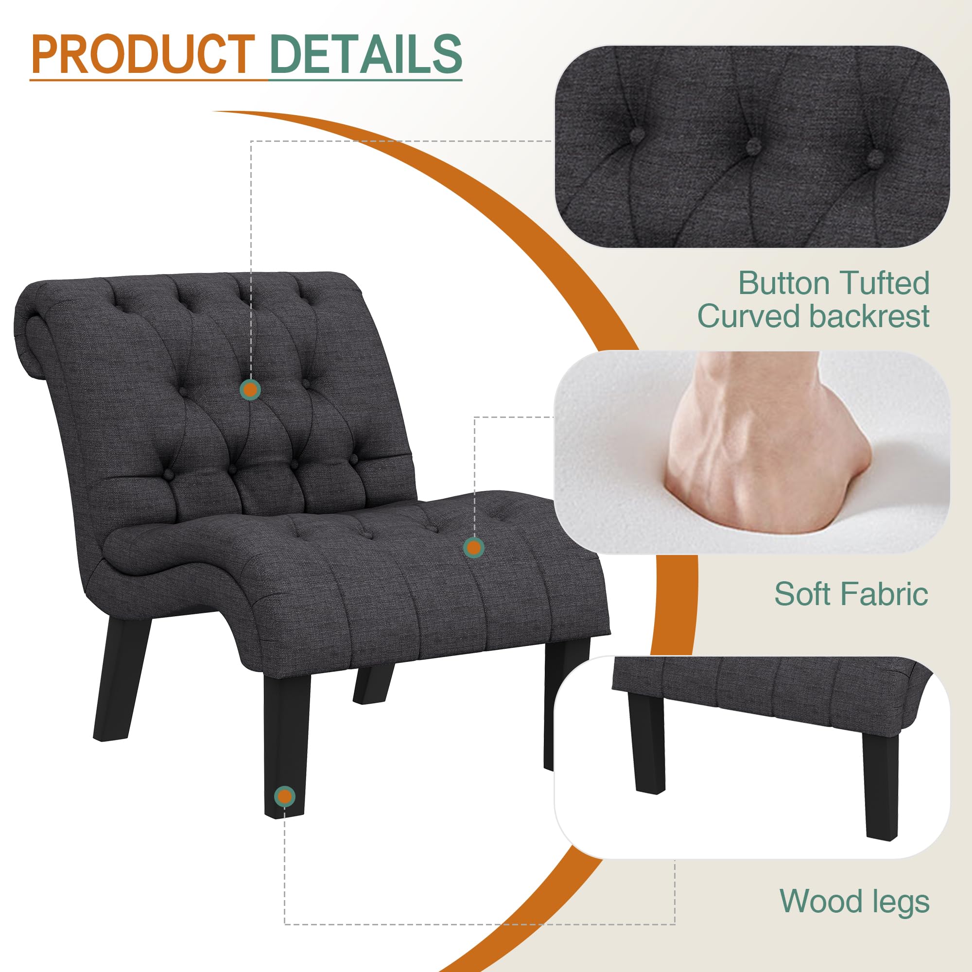 HAOBO Button Tufted Accent Chair - Armless Slipper Chair for Living Room, Bedroom & Dining Room - Modern Home Furniture Set of 2 - Perfect for Reading Nooks, Guest Seating & Small Spaces