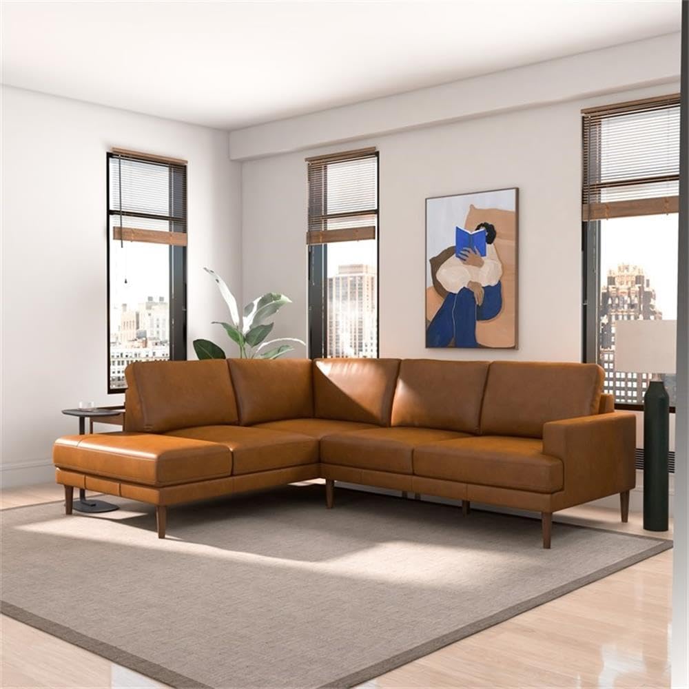 ASHCROFT Aplee Pillow Back Genuine Leather Upholstered Left-Facing Tan Sectional Sofa - Perfect for Living Room, Family Room & Home Theater Seating