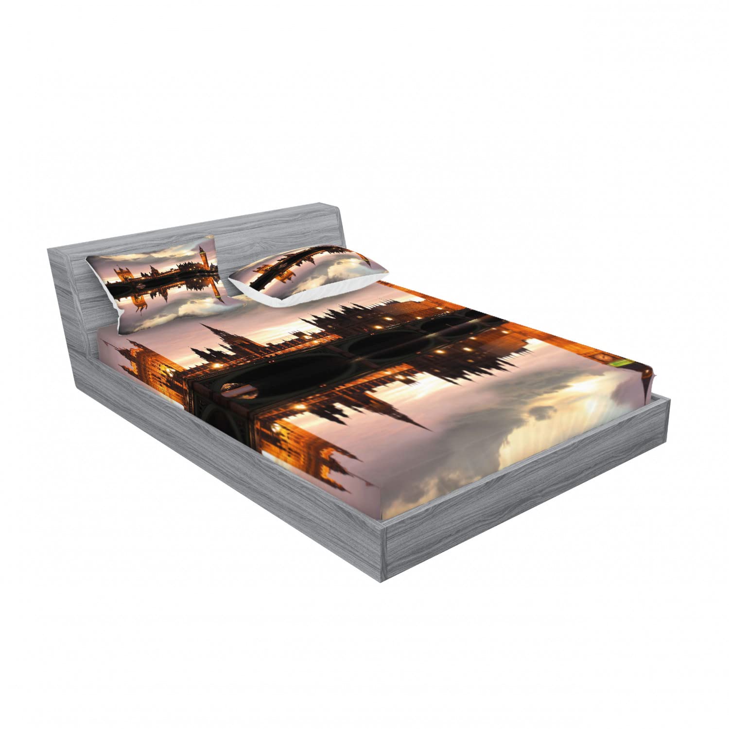 Ambesonne Urban 2-Piece Queen Size Bedding Set - Surreal Evening Big Ben Print Fitted Sheet & 4 Pillow Shams, Cinnamon Grey - Modern Home Decor for Master Bedroom, Guest Room & Dorm