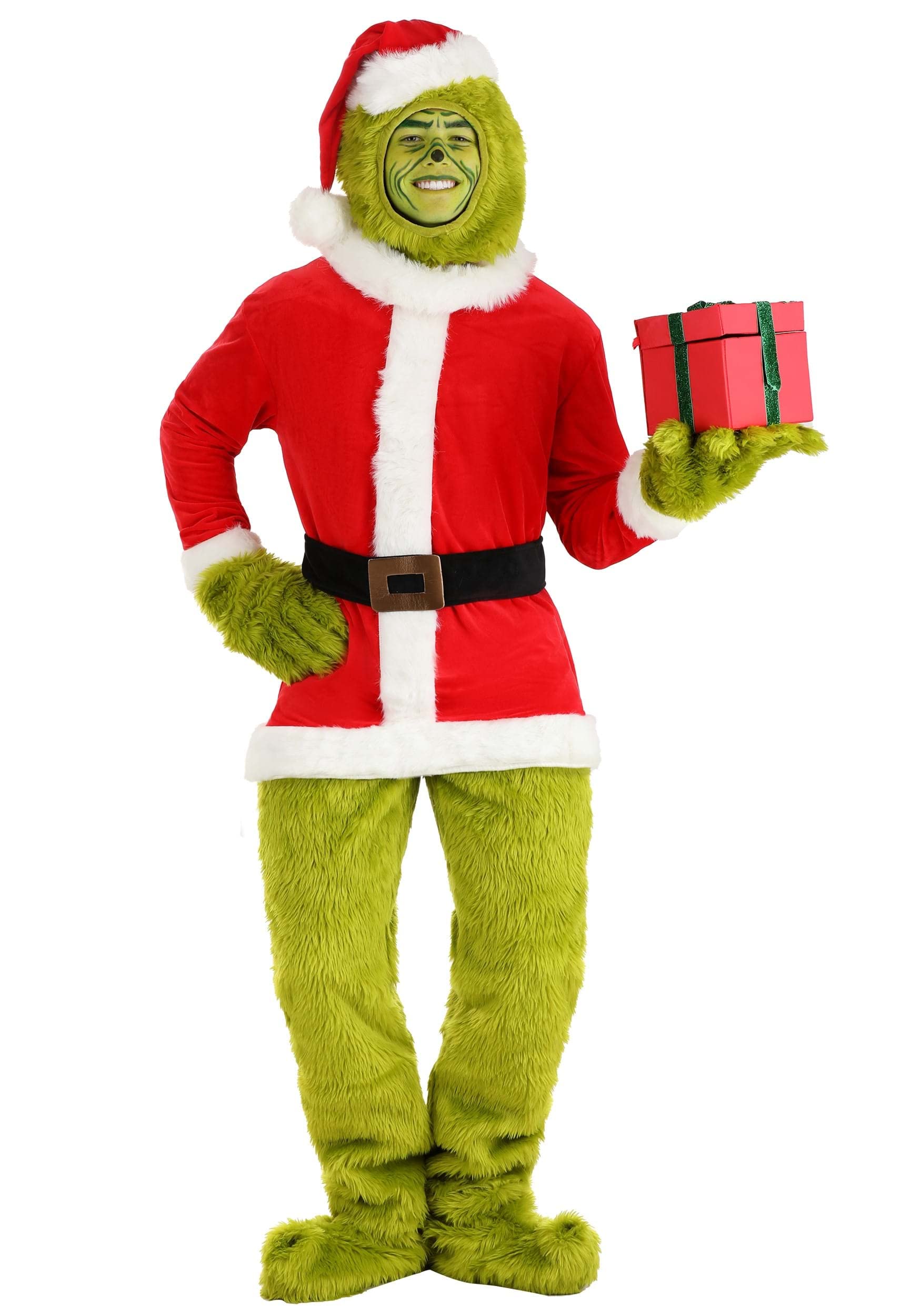 The Grinch Adult Santa Open Face Costume Set - Faux Fur Shirt, Pants, Hat & Gloves for Christmas Party & Holiday Cosplay