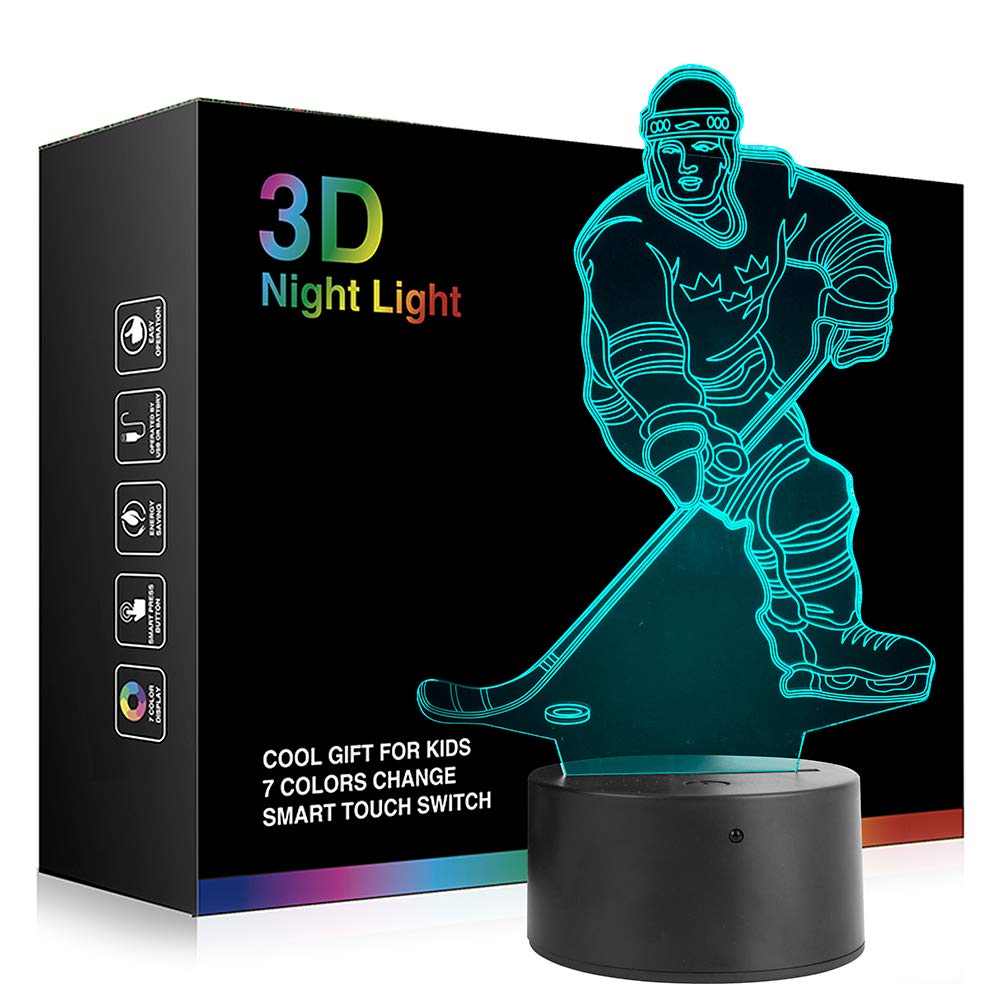 3D Hockey Player Night Light - 7 LED Color Changing Touch Desk Lamp for Kids, Sports Fans | Perfect Gift for Birthday, Christmas, Hockey Room Decor & Bedside Lighting