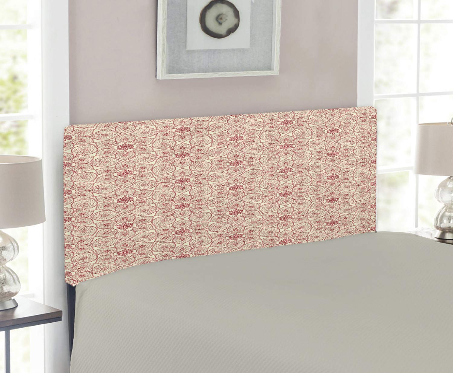 Ambesonne Antique Upholstered Metal Headboard - Curved Tree Branch with Floral Leaves Design, Twin Size Dark Coral Beige - Perfect for Bedroom Decor & Guest Room Upgrade