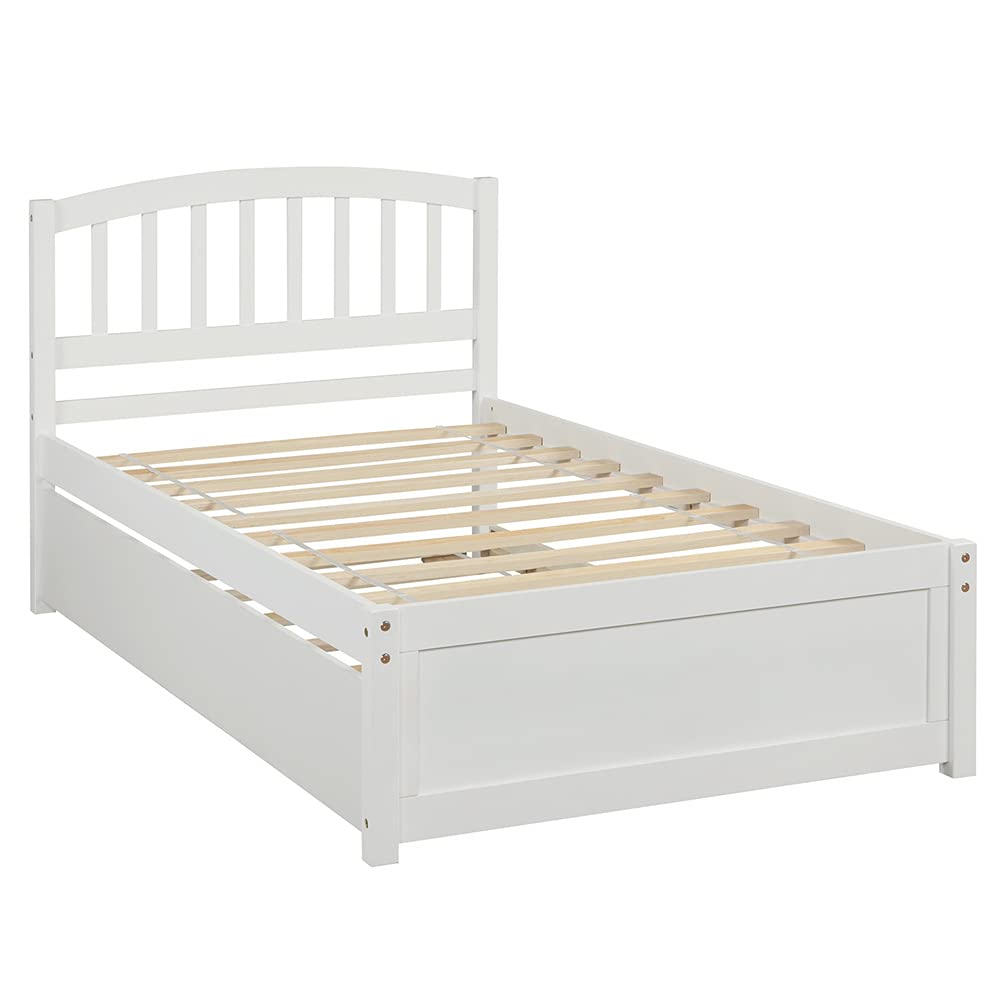 Twin Size Wood Platform Bed Frame with Trundle - Solid Wood Slat Support, No Box Spring Needed - Space Saving Design for Small Bedrooms, Kids Room & Guest Room (White)