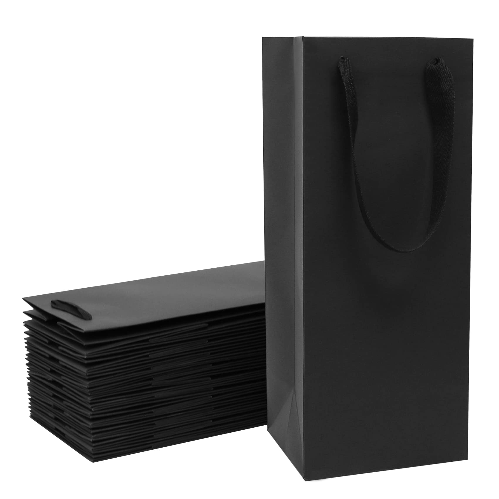 20 Pack Black Wine Gift Bags with Handles - 6x5x15 Inch Bulk Kraft Paper Bottle Bags for Champagne, Liquor & Alcohol Gifts - Perfect for Weddings, Parties & Holiday Presents