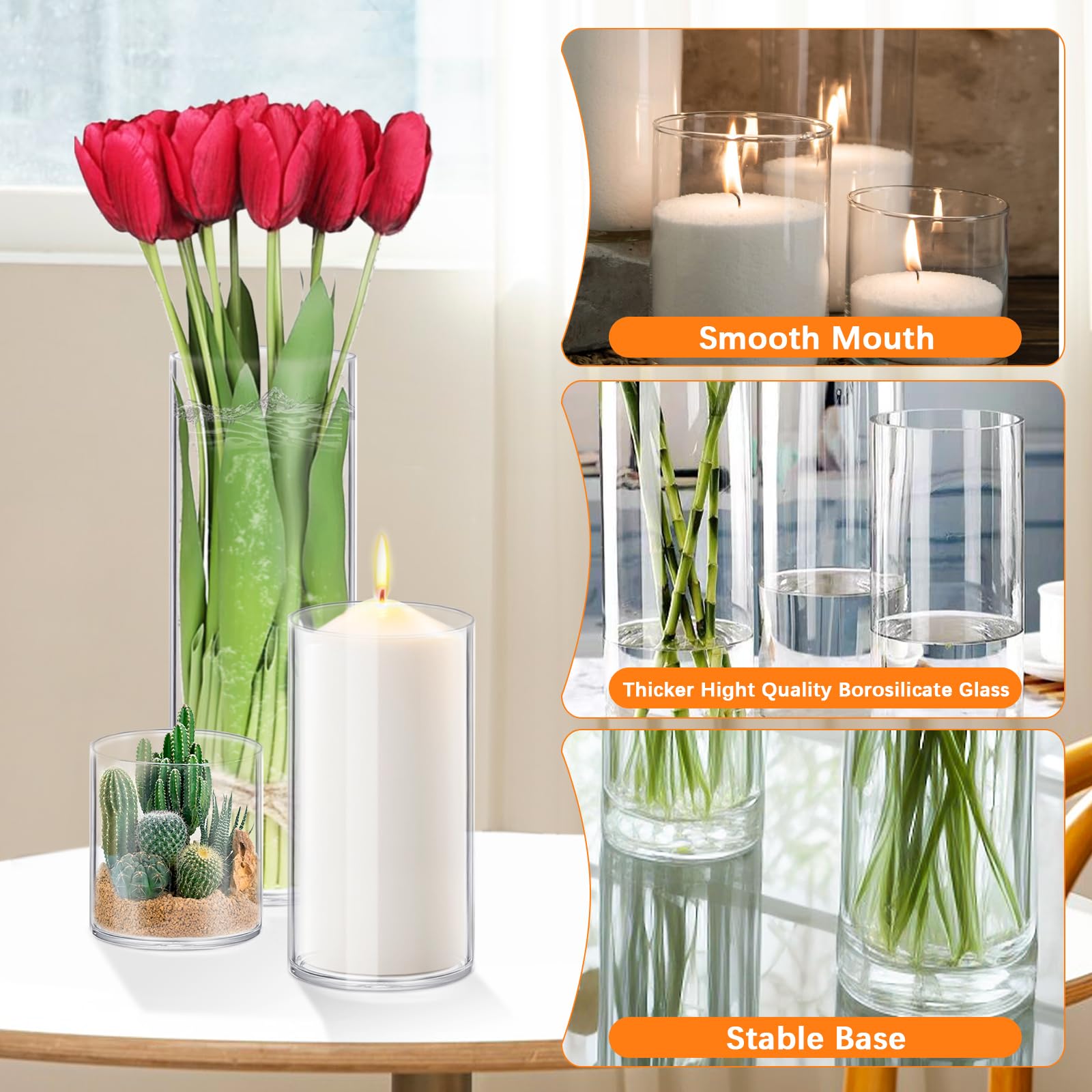48 Pack Glass Cylinder Vases - 4,6,8,10 Inch Tall Clear Flower Vases with Hurricane Floating Candle Holders for Wedding Centerpieces, Home Decor, Party & Event Table Decorations - Perfect for Floral Arrangements, Candle Displays and Elegant Home Styling