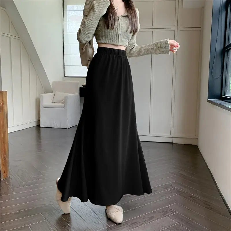 Women's Black Elastic High Waist Fishtail Skirt - Korean Style Beige Pleated A-Line Long Skirt for Autumn Winter | Elegant Vacation Outfit, Office Wear & Party Dress