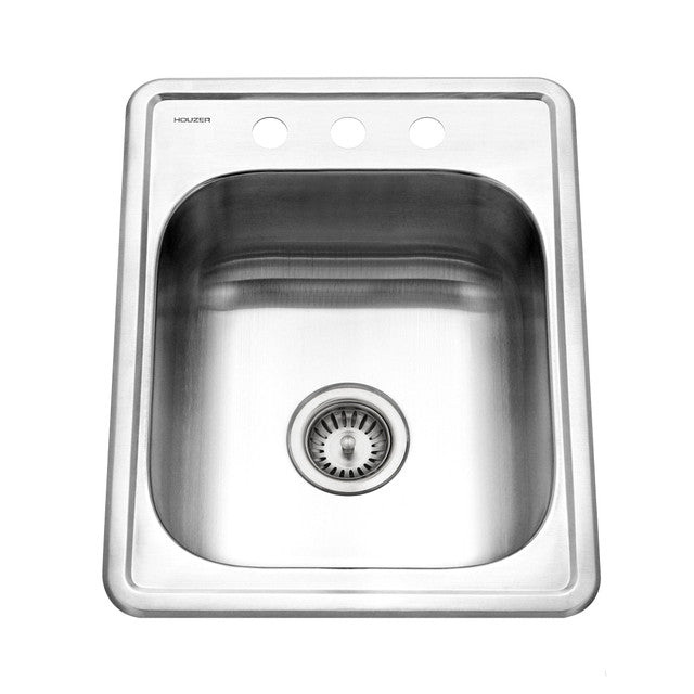 Houzer Hospitality Series 17 x 22 Inch Stainless Steel Drop-in Topmount 3-Hole Single Bowl Bar Prep Sink with Basket Strainer - Perfect for Commercial Kitchens, Bars & Restaurants